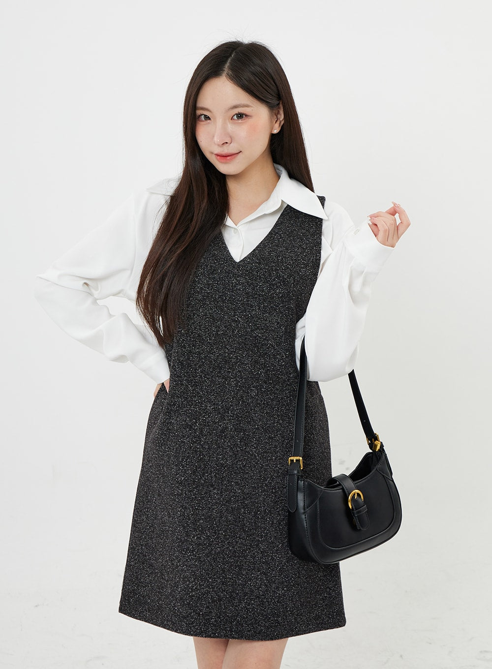 Mixed Color V-Neck Wool Dress BO21
