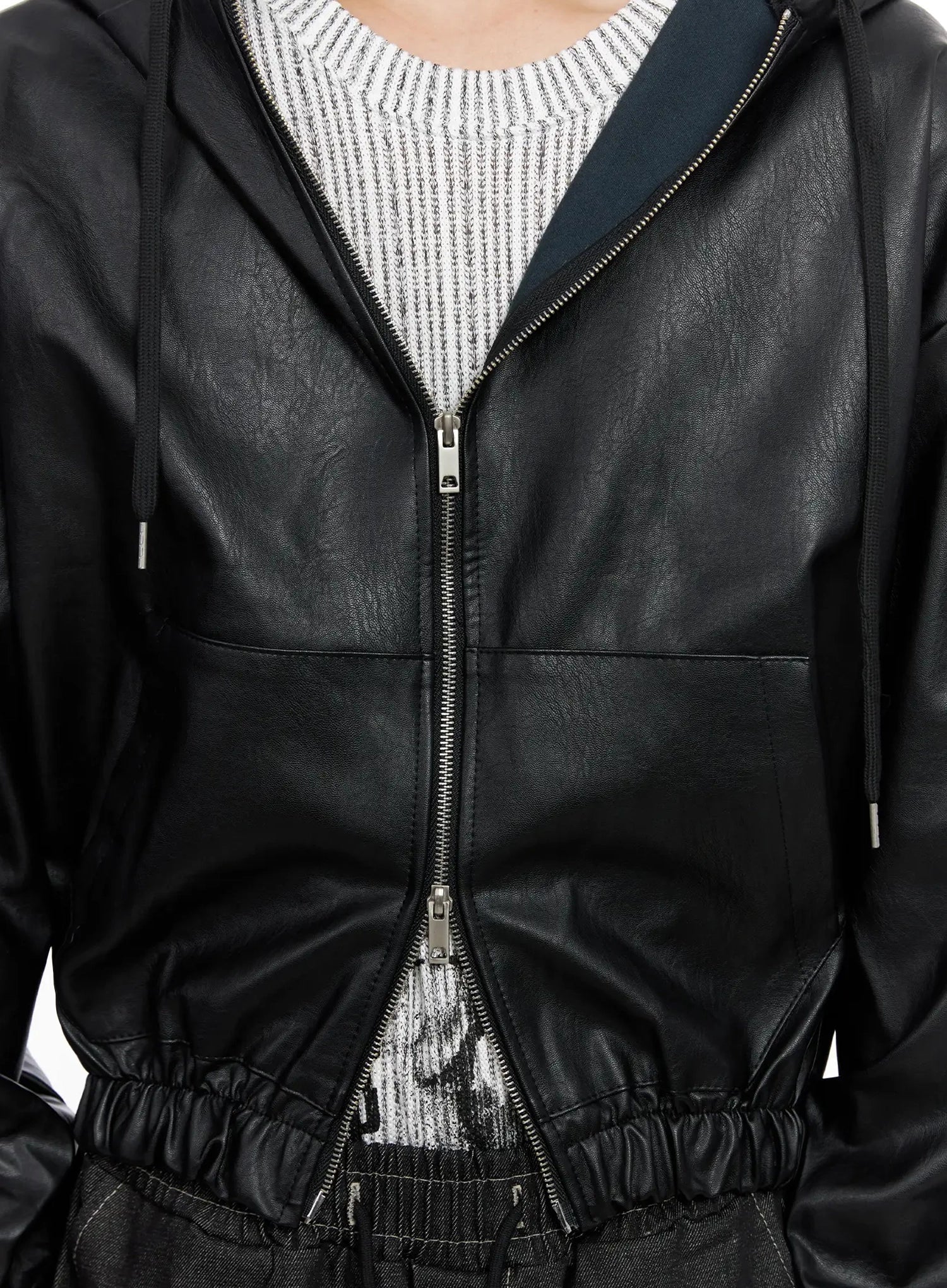 Men's Faux Leather Track Hooded Jacket IO517