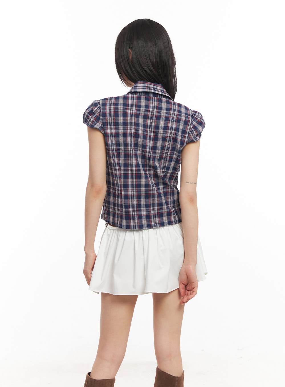 Plaid Puff Sleeve Cropped Shirt CA523
