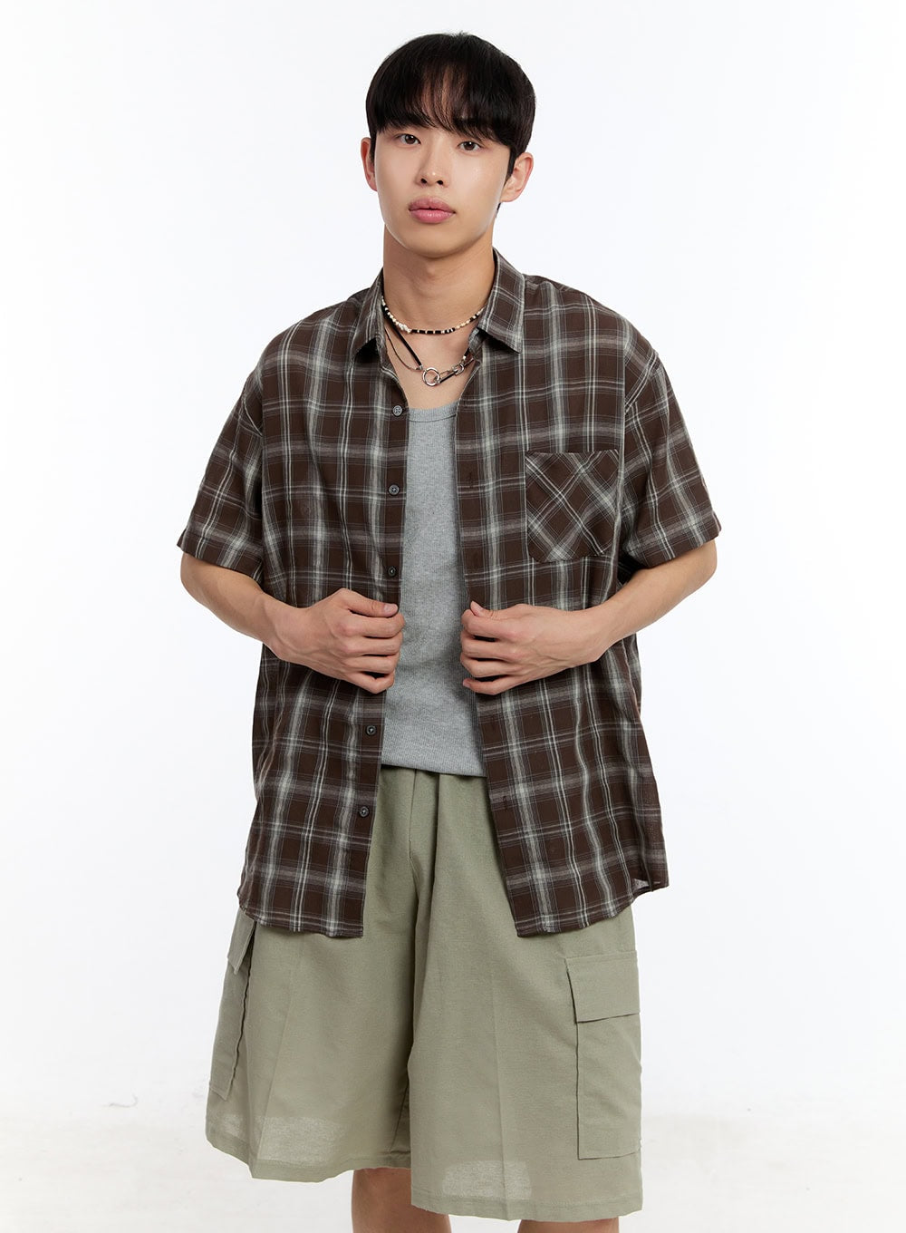 Men's Check Collared Short-Sleeve Shirt IY530