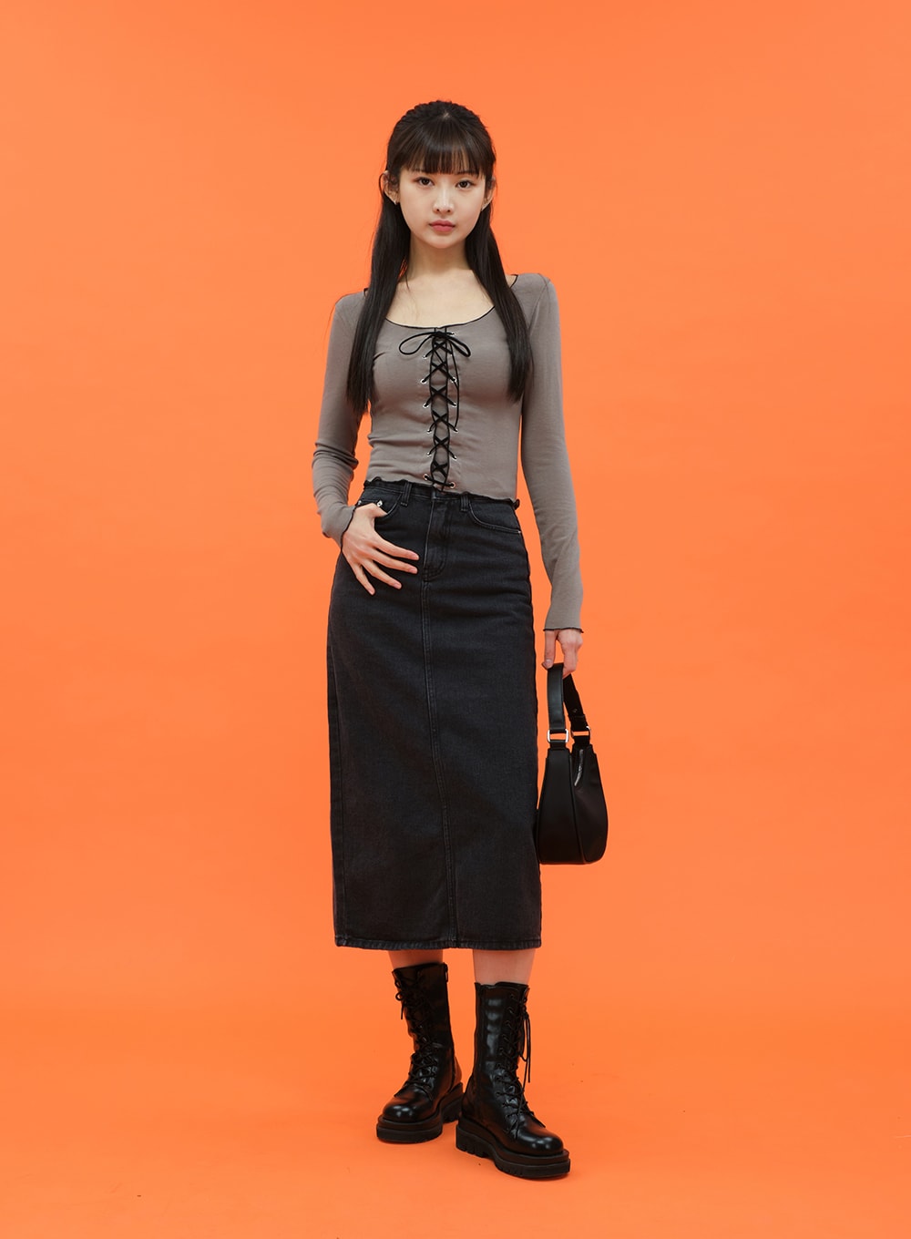 Cropped Long Sleeve Top with Front Lace Detail C1703