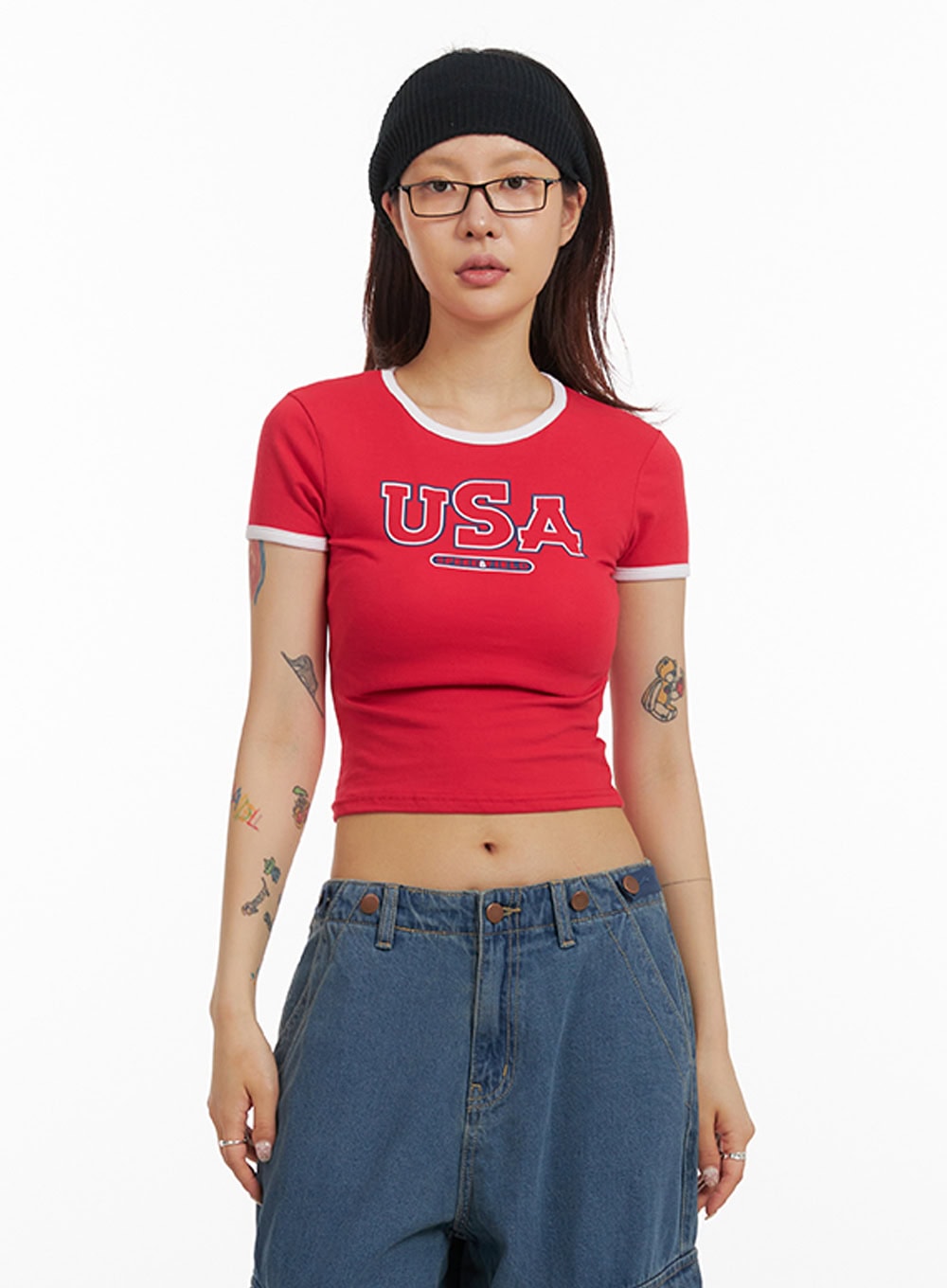 Contrast Graphic Crop Top IY410