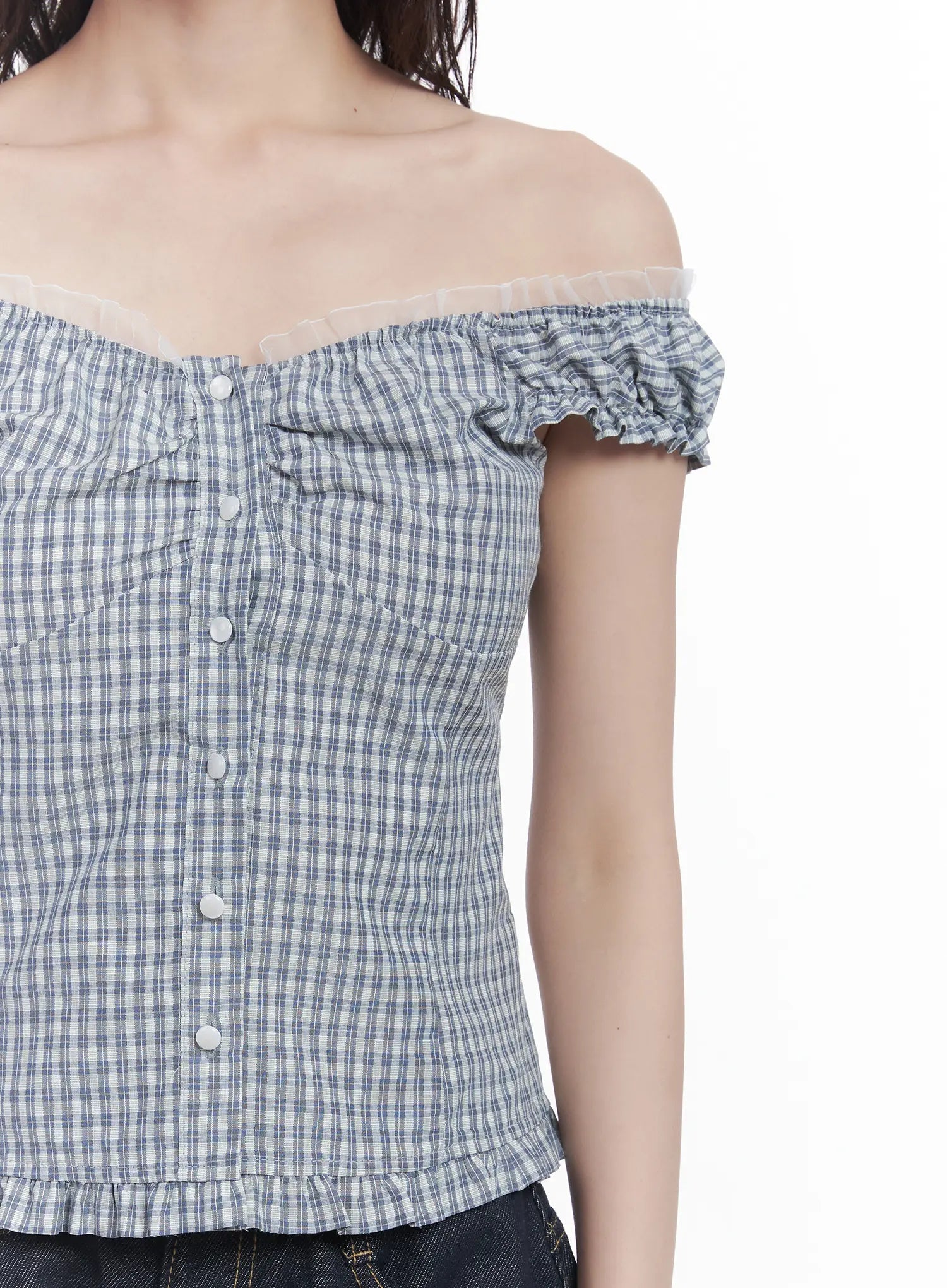 Plaid Frill Off-Shoulder Top CU519