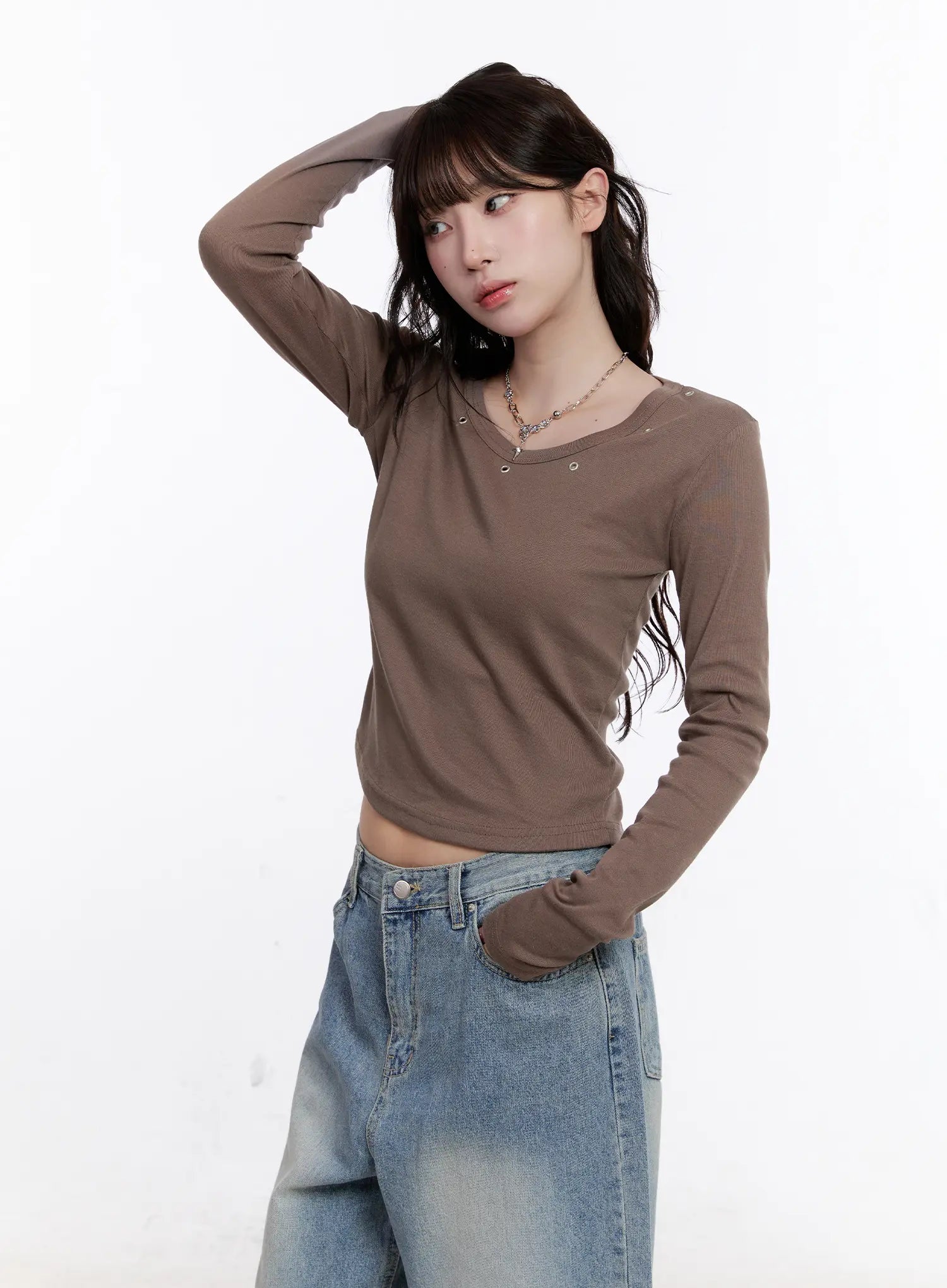 Ribbed U-Neck Eyelet Long Sleeve Top CS530