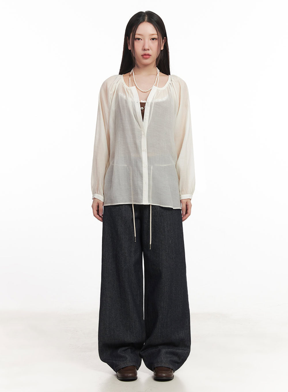 Shirred Sheer Buttoned Blouse IM528