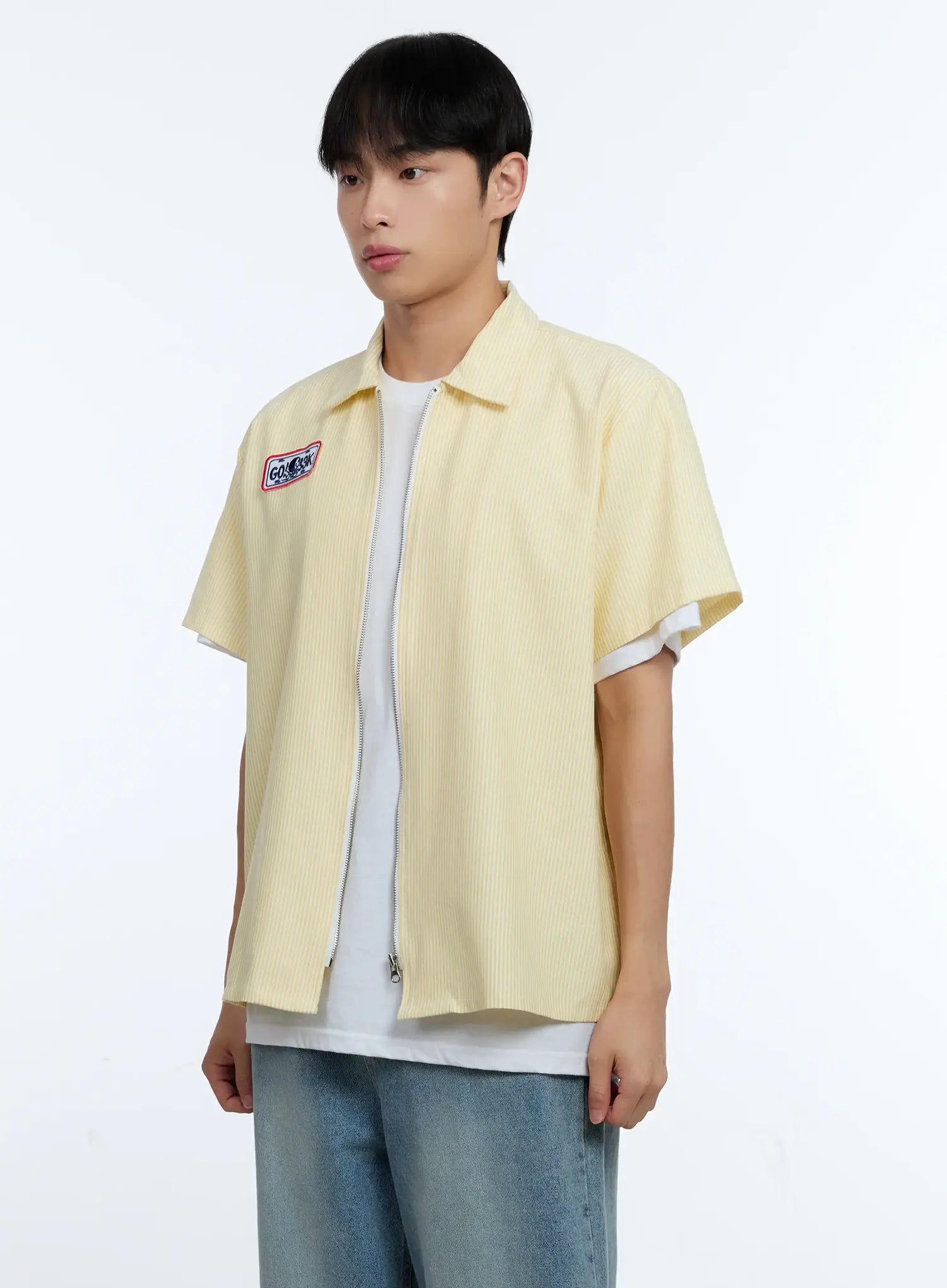 Men's Pinstripe Short Sleeve Zip Shirt IG519