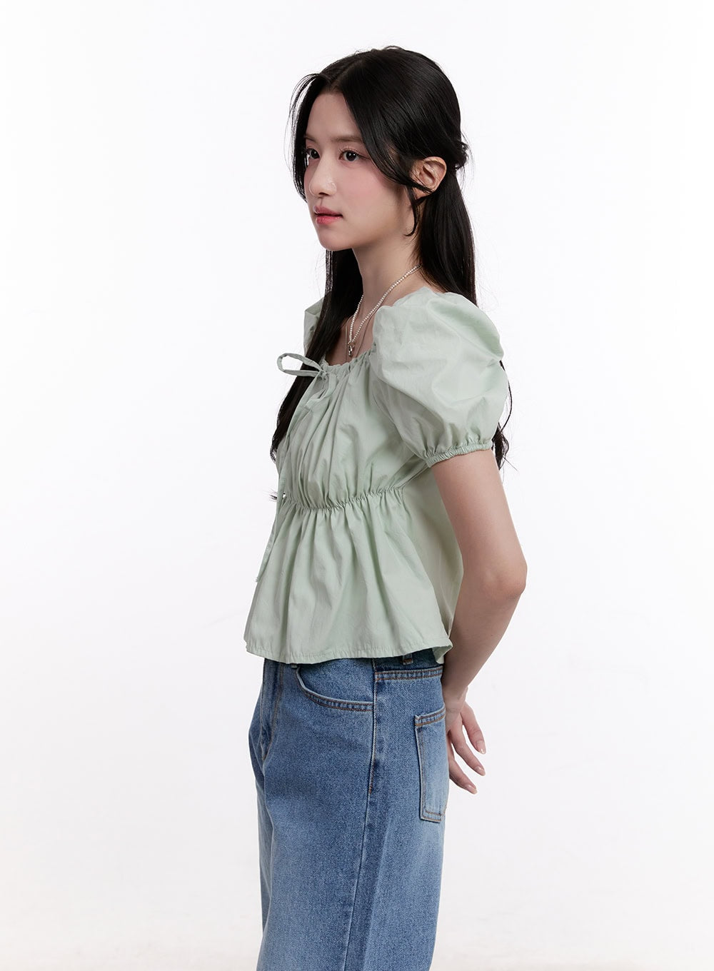 Ribbon Puff Sleeve Square Neck Top CM526