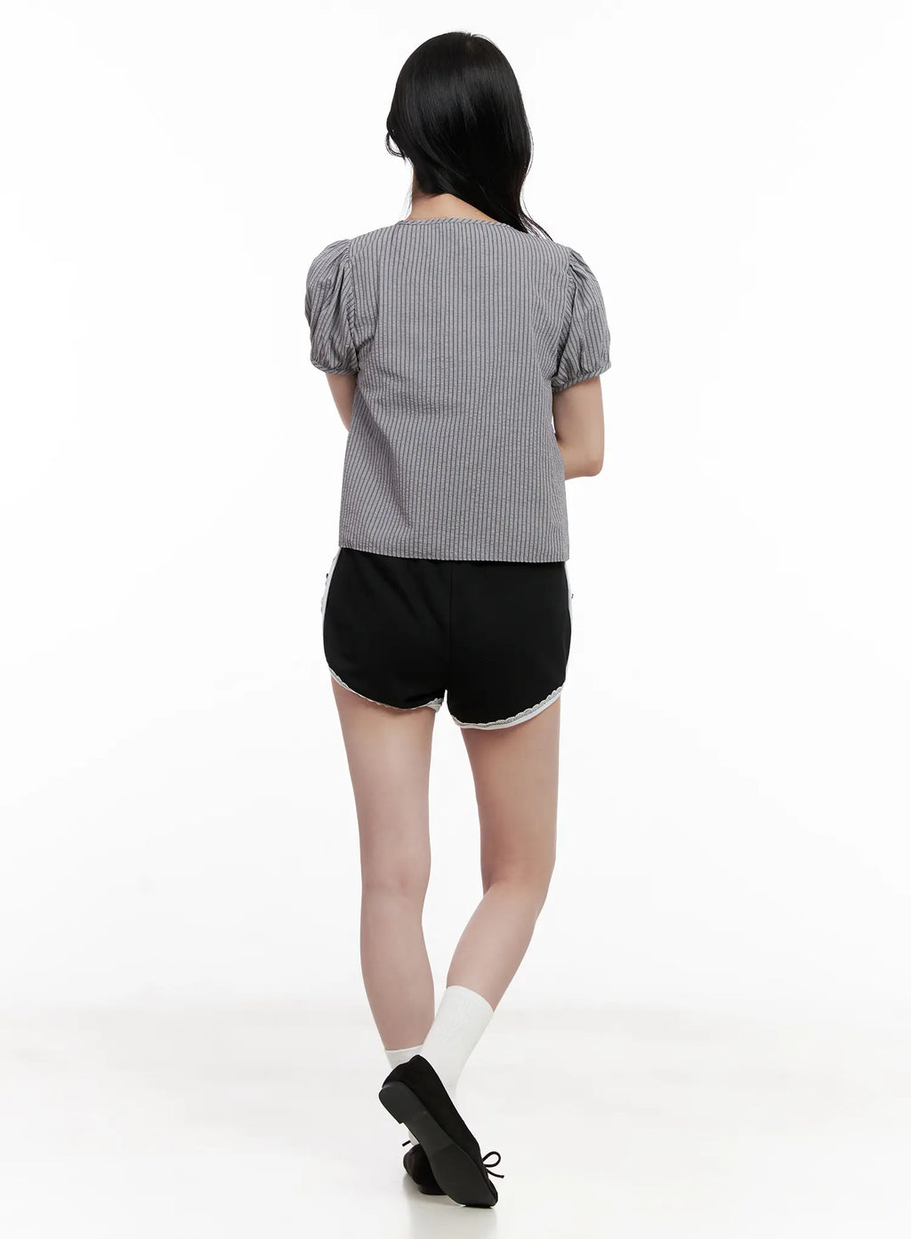 Striped Puff-Sleeve Ribbon Top CL516