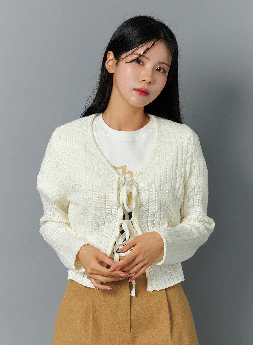 Tie V-Neck Ribbed Cardigan ON324