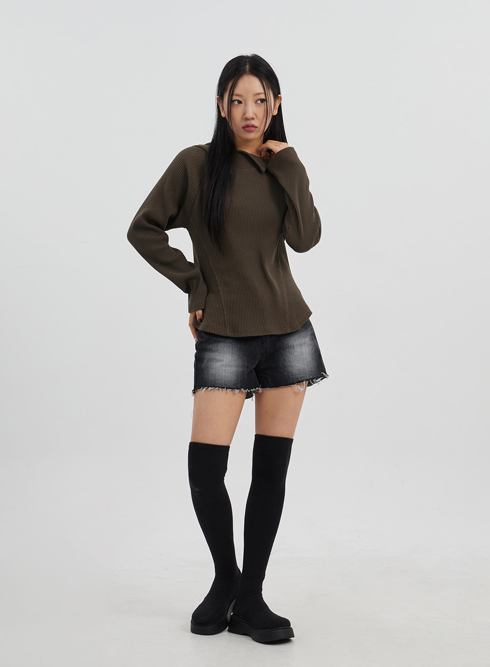 Side Button Detail Knit Hoodie CJ318