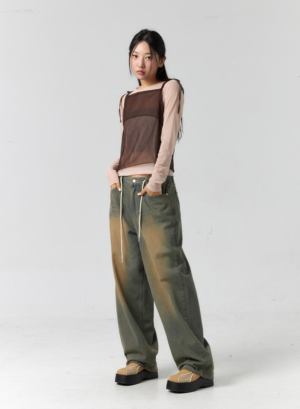 String Washed Wide Leg Jeans CS302