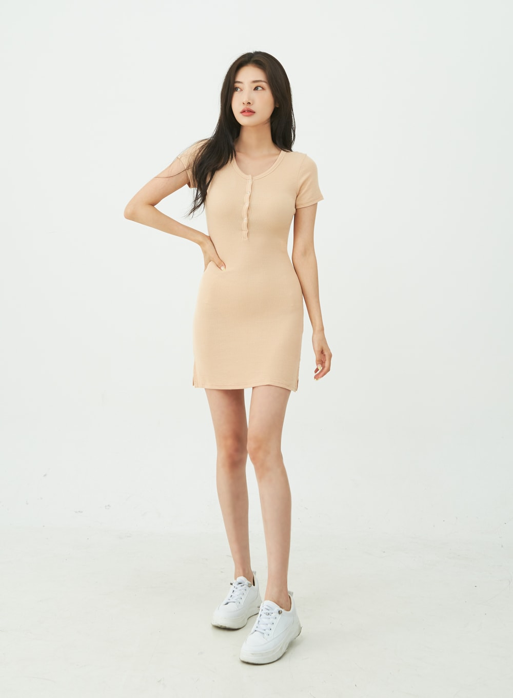 Snap Buttoned Side Slit Bodycon Mini Dress IU11