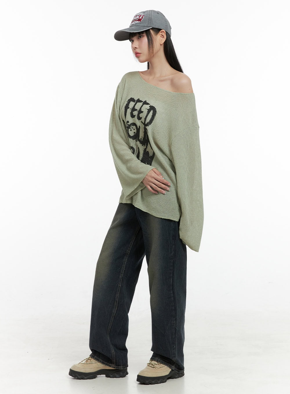 Lettered Boat Neck Off-Shoulder Knit OS410