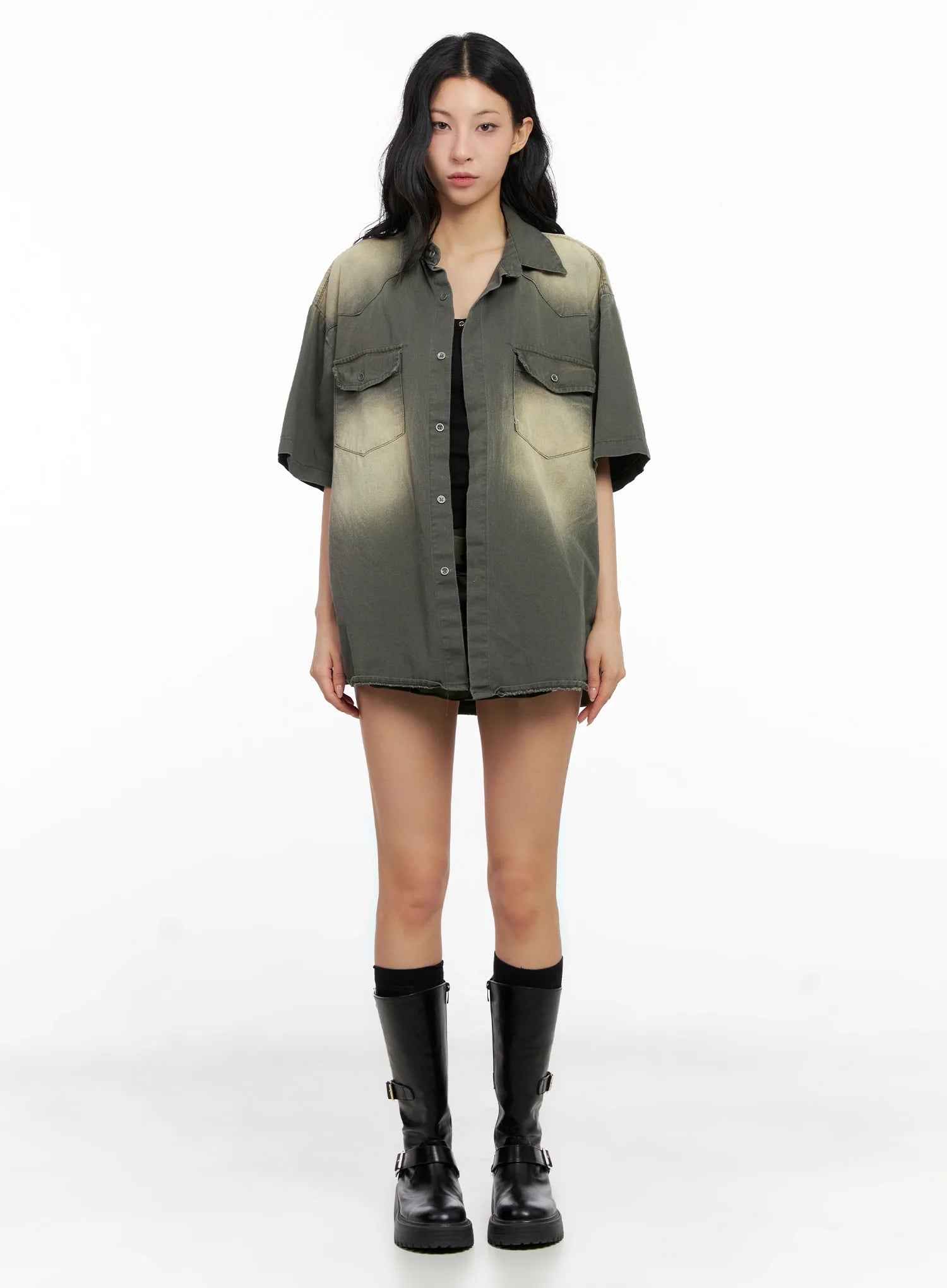 Washed Short-Sleeve Button-Up Shirt IG508