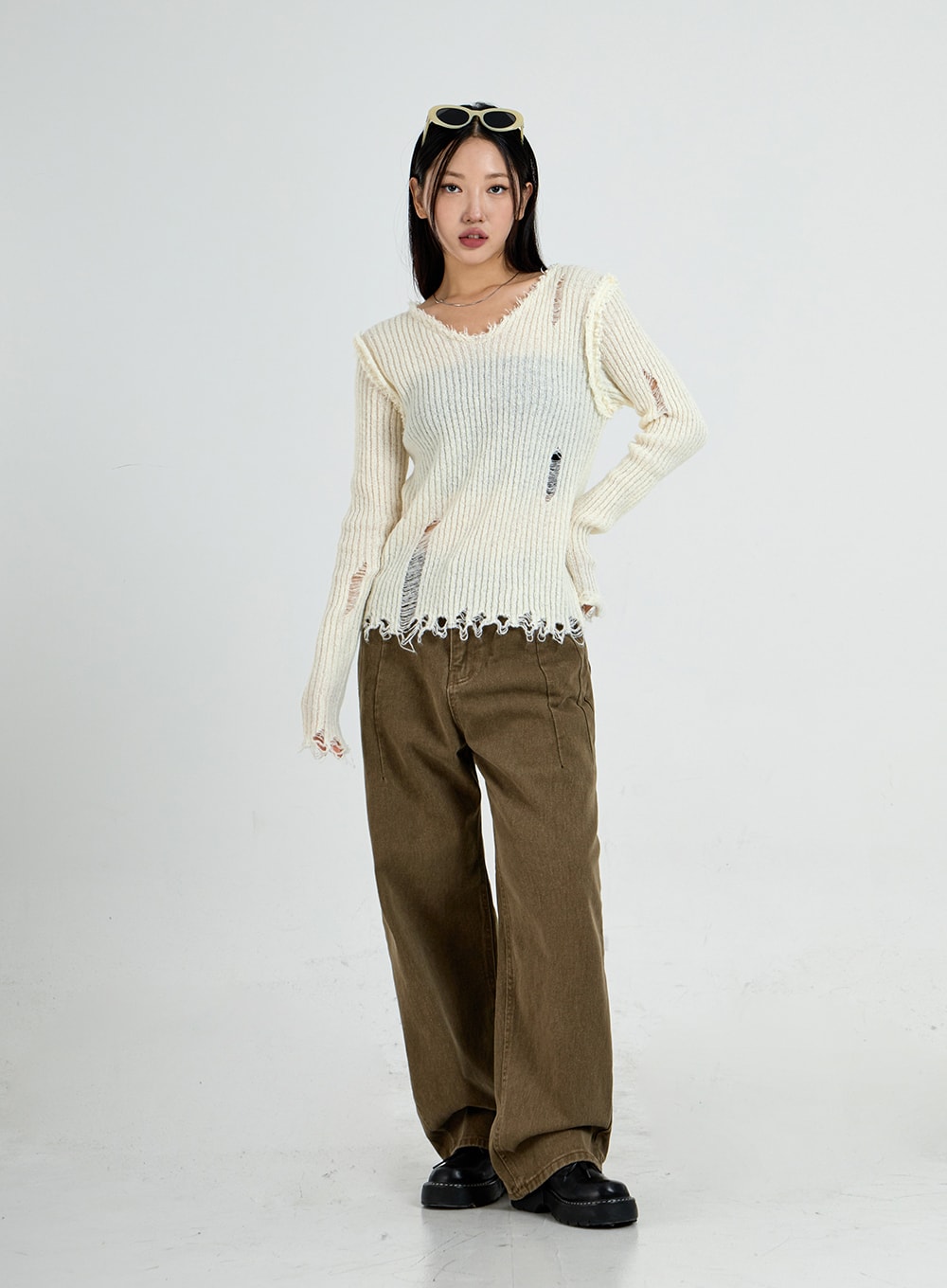 Ripped V-Neck Knit Top CO13