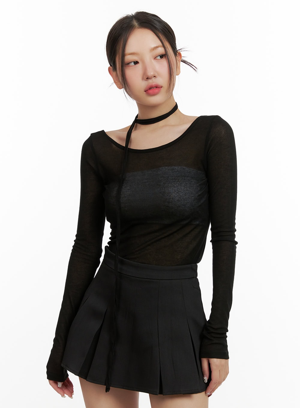 Sheer U-Neck Top with Scarf OU403