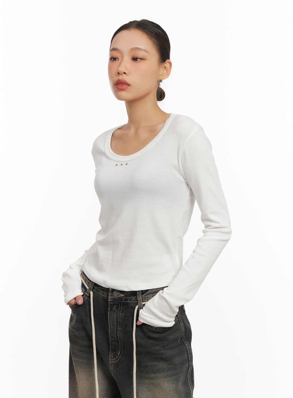 Cotton Blend Solid U Neck Top CD410
