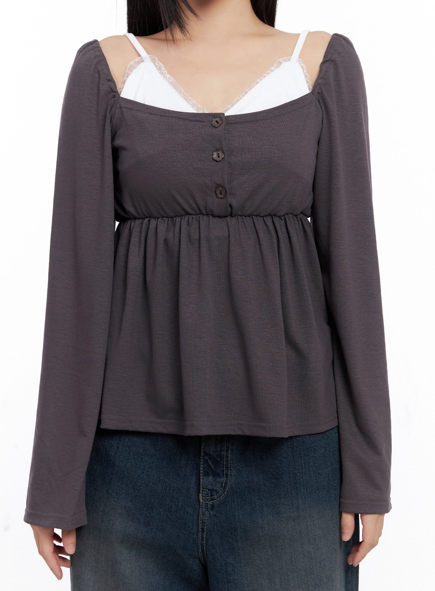 Shirred Flowy Buttoned Long Sleeve IS525