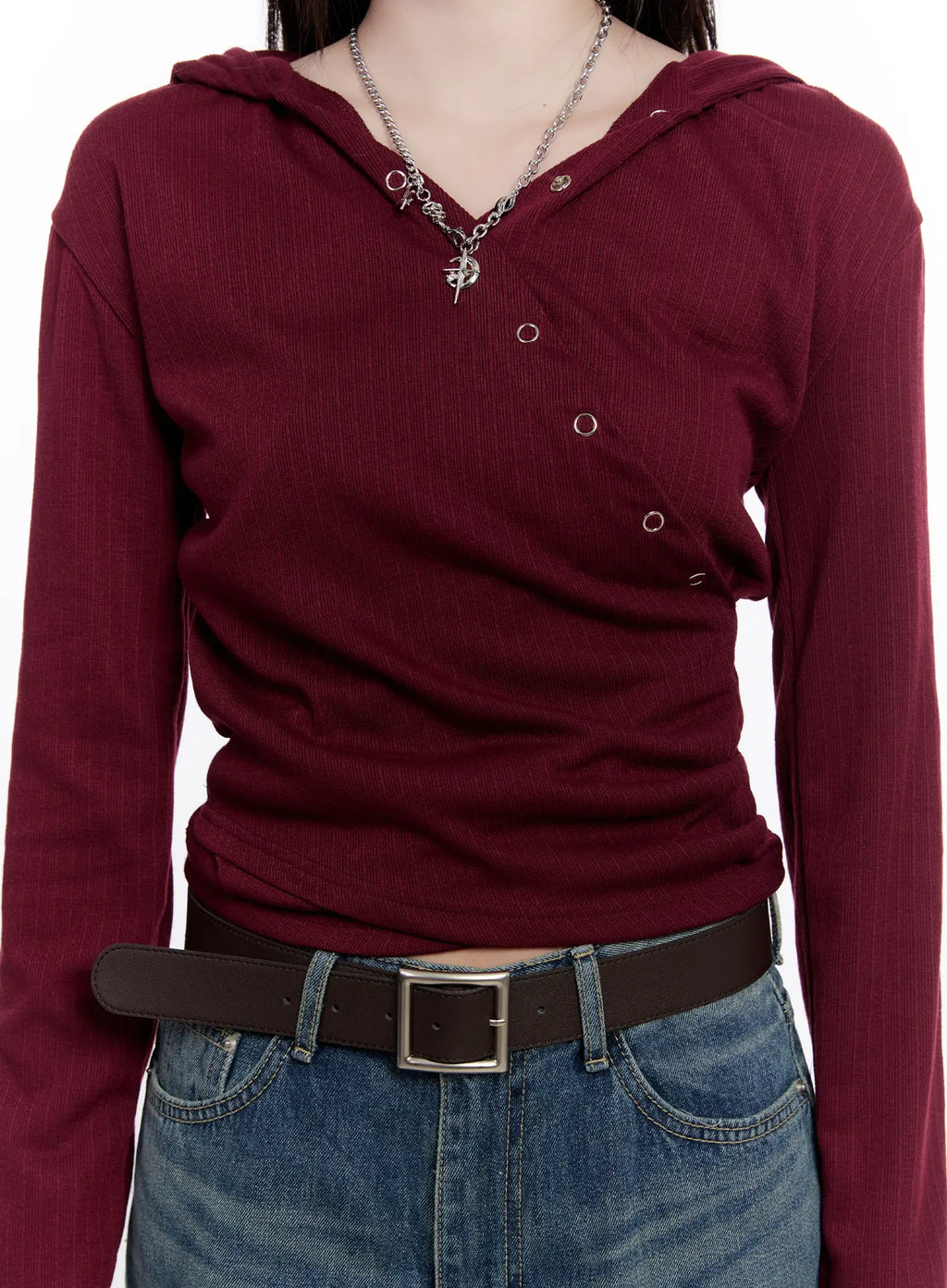 Snap Button Long Sleeve Hooded Top CS530