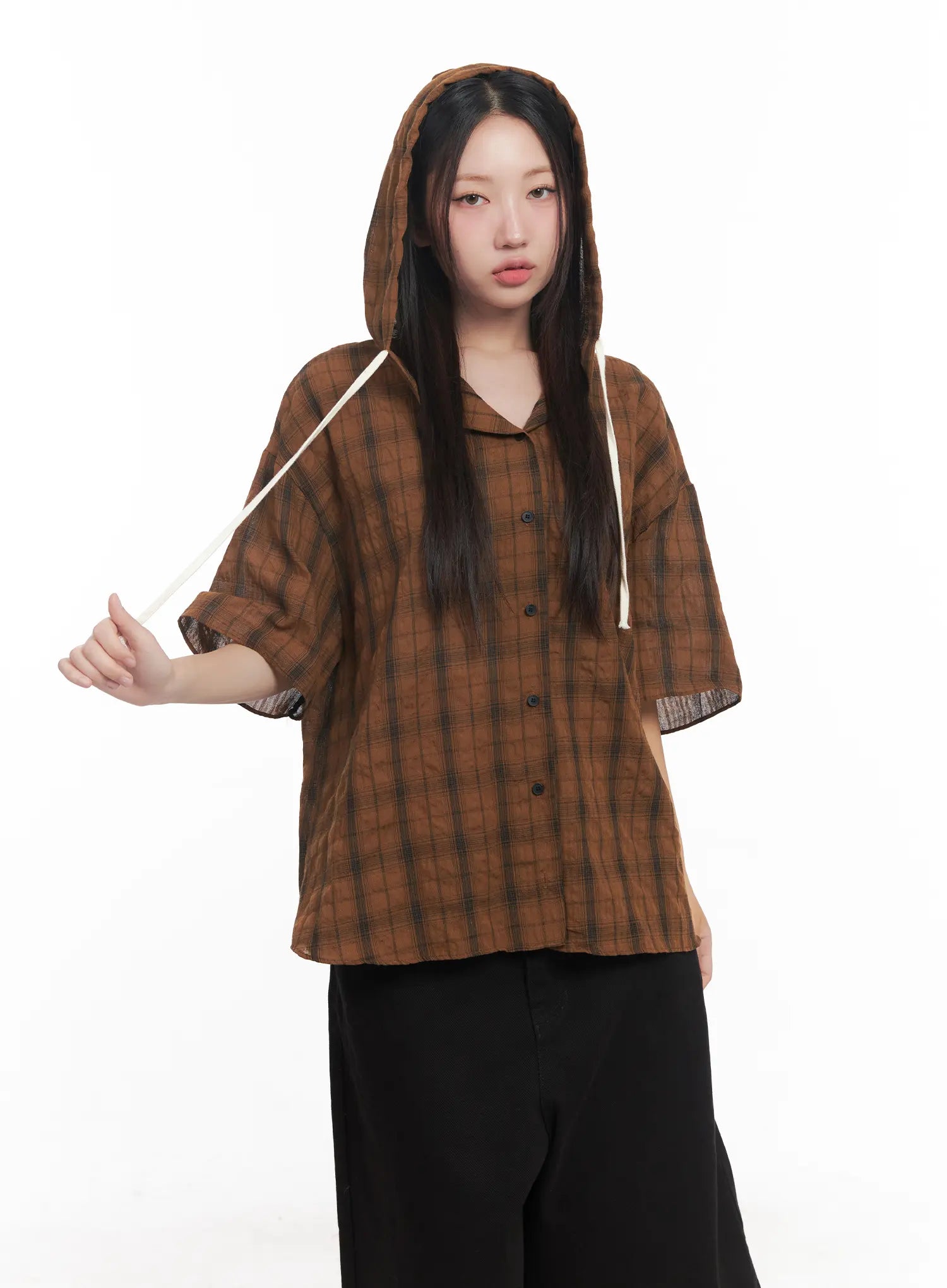 Plaid Hooded Oversized Shirt CU517