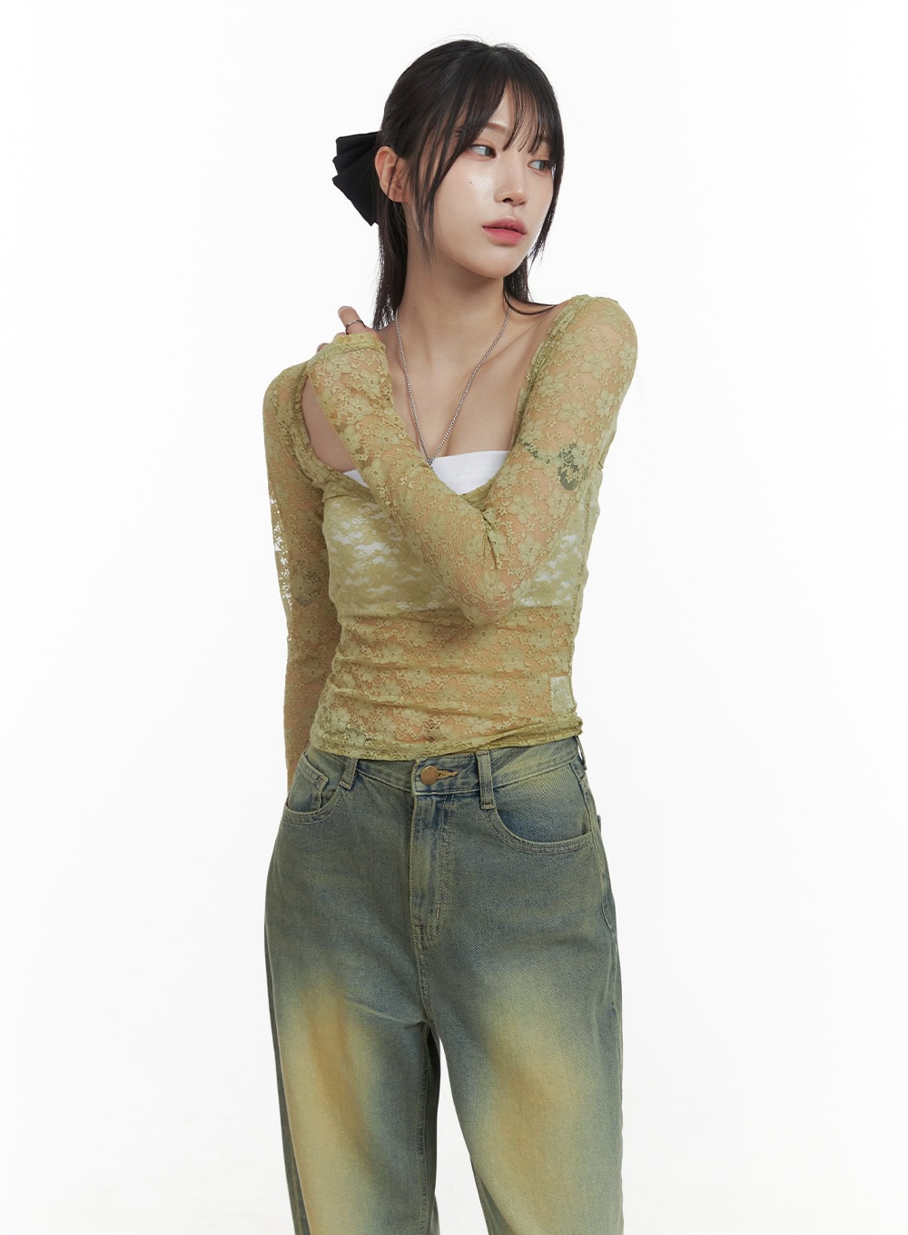 Lace Sheer U-Neck Long Sleeve Top OA425