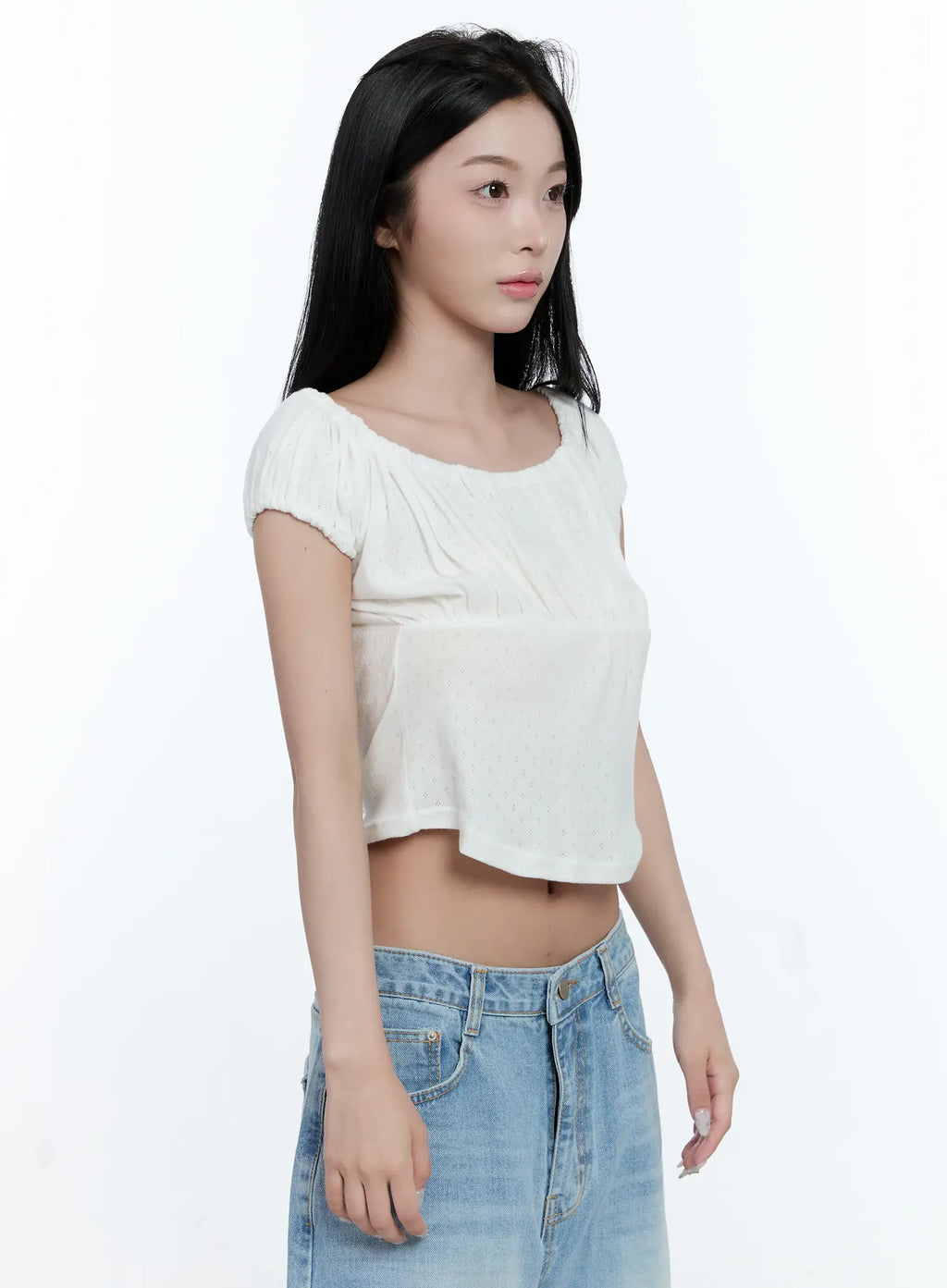 Off-Shoulder Eyelet Puff-Sleeve Top CL530