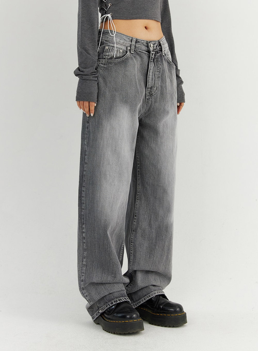 Grey Washed Wide Leg Jeans CO323