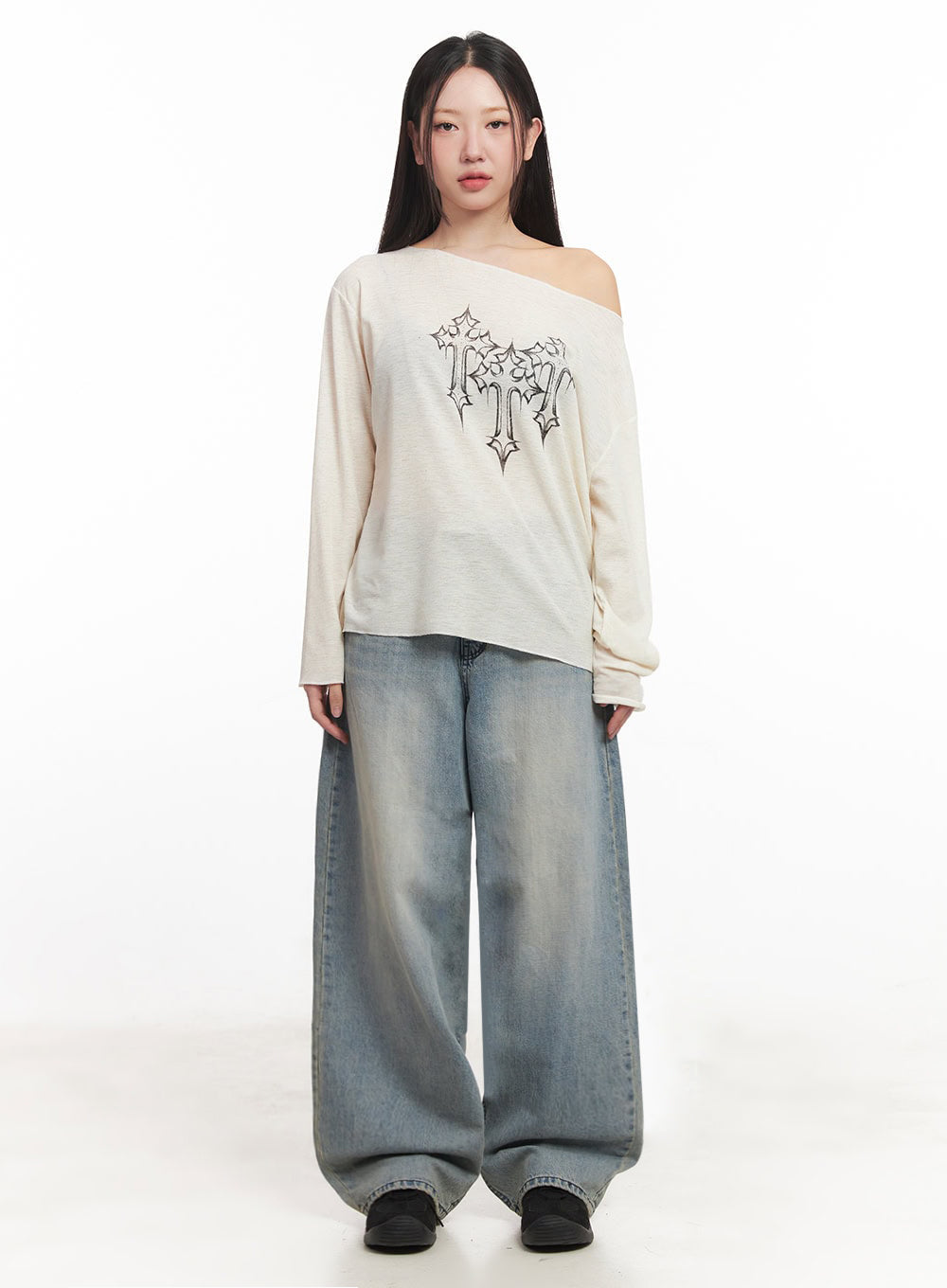 One-Shoulder Sheer Long-Sleeve Graphic Top IM528