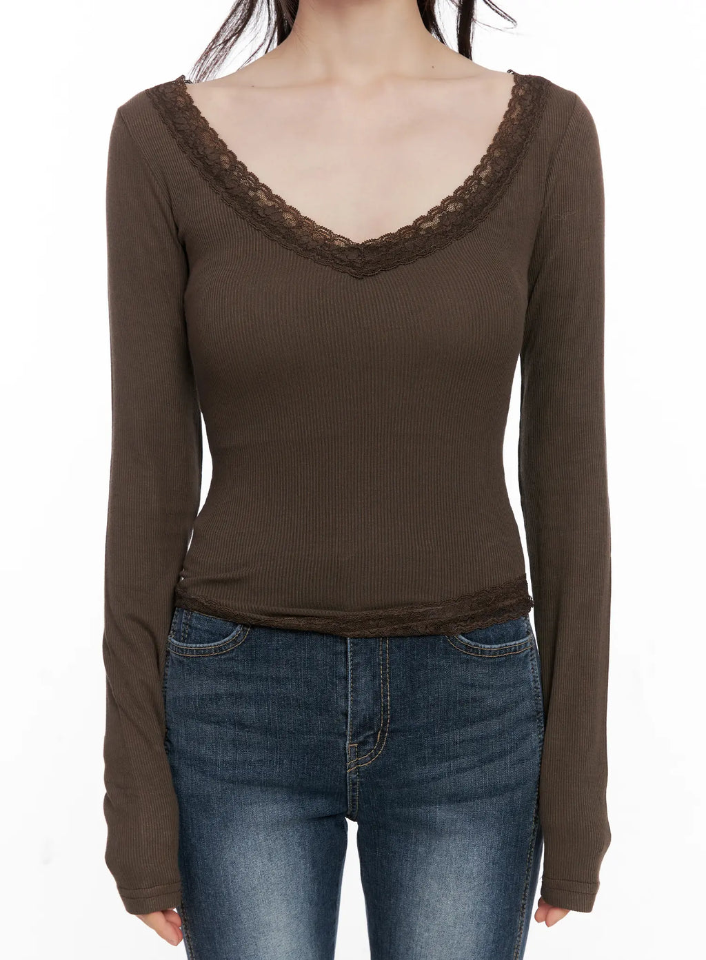 Slim Ribbed Lace Trim Top CG519