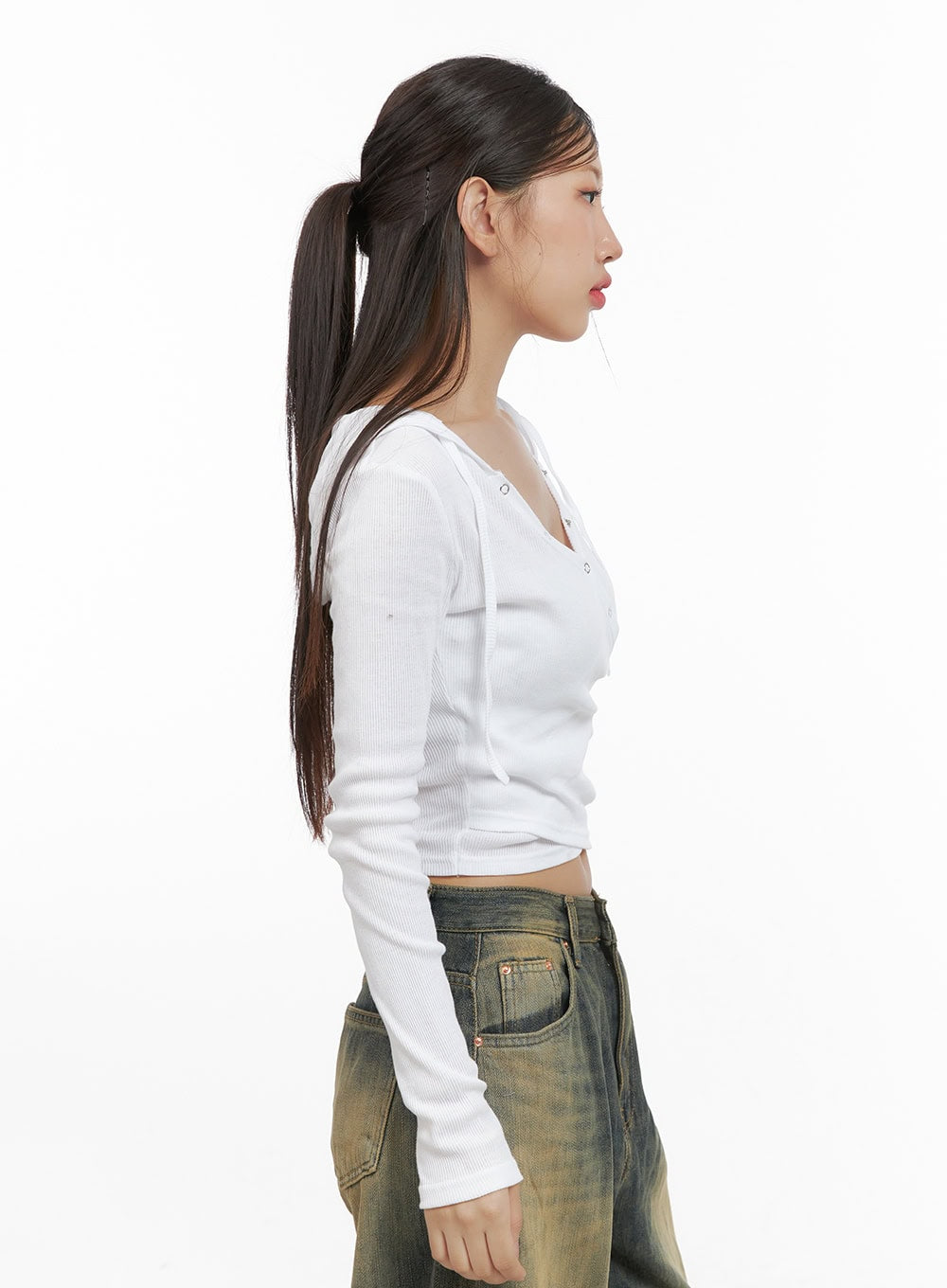 Ribbed Hoodie Long Sleeve Top CS405