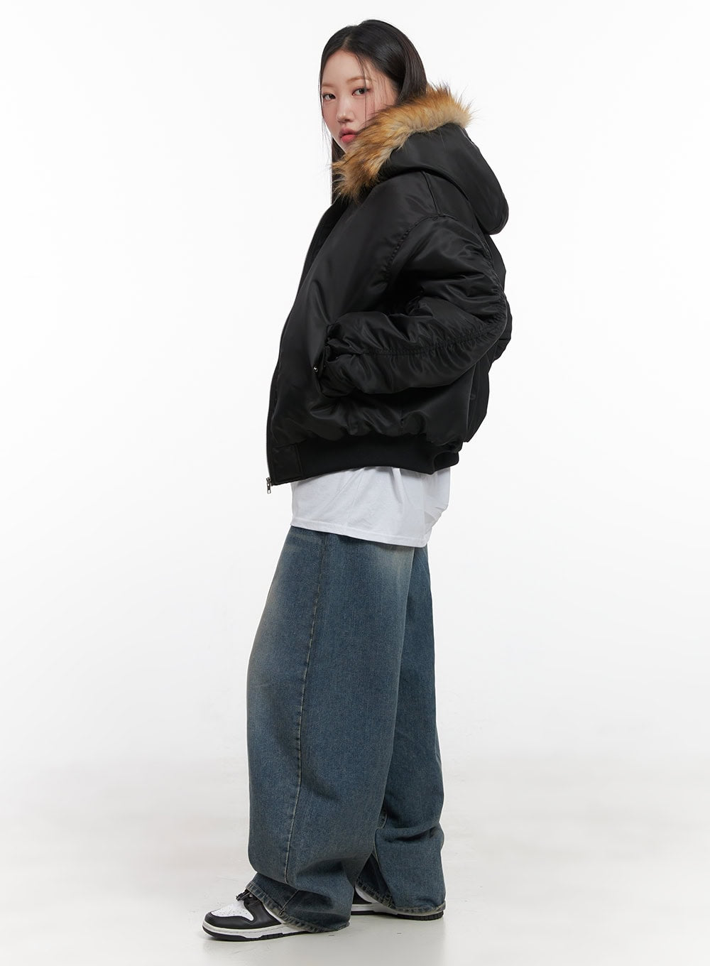 Fur Detail Hooded Bomber Jacket CD411