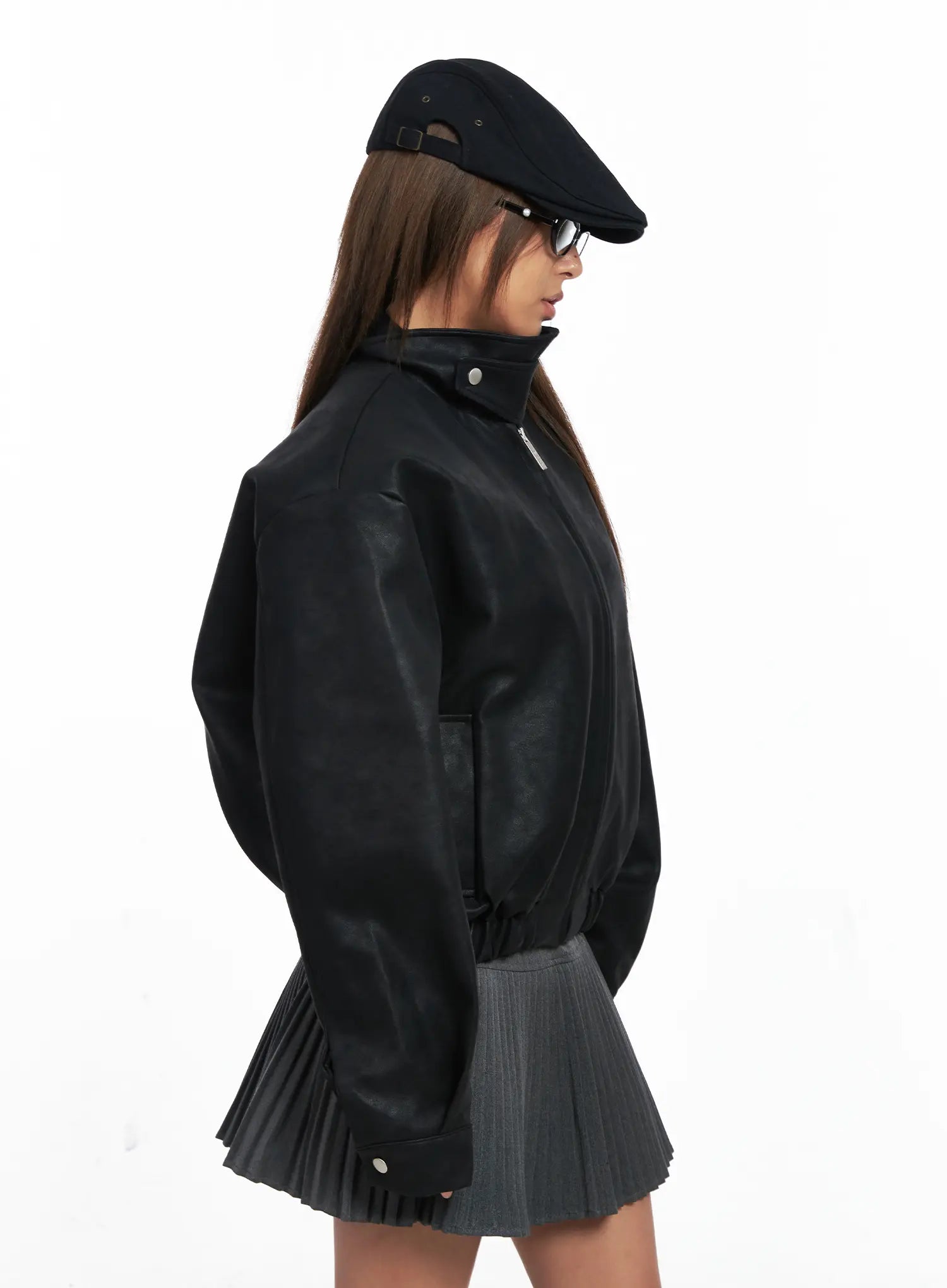 High Neck Faux Leather Buttoned Jacket CO510