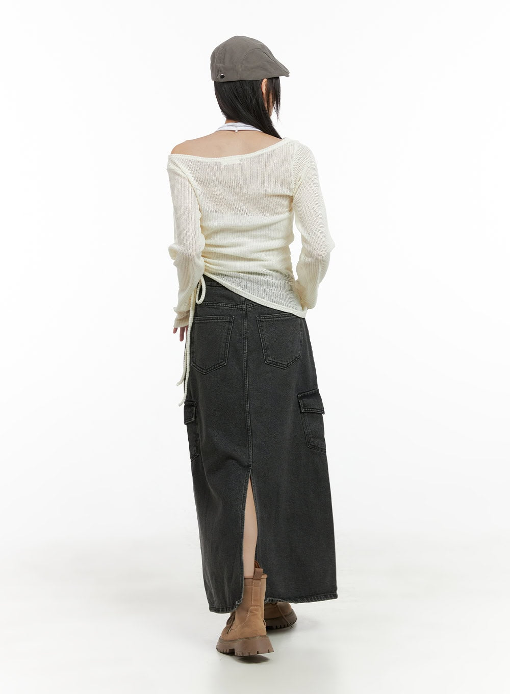Denim Cargo Pocket Washed Maxi Skirt CG426