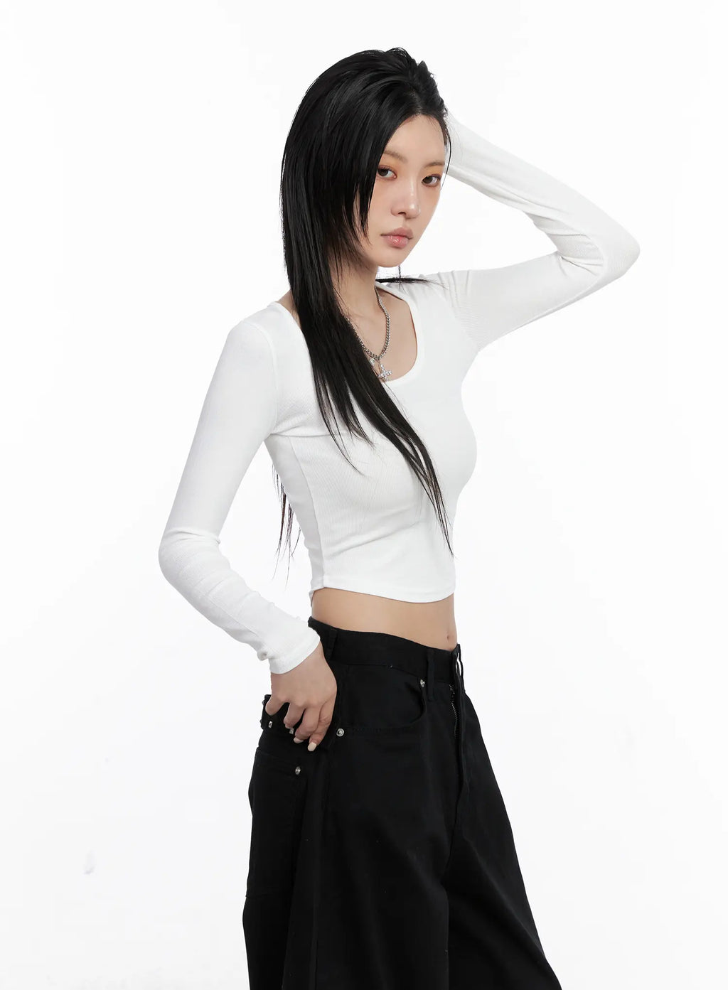 Round Neck Ribbed Long Sleeve Crop Top CS512