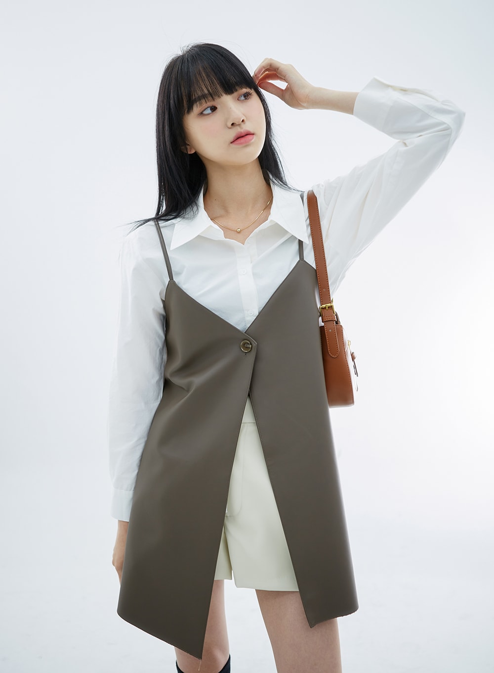 One Button Faux Leather Mini Dress OS29