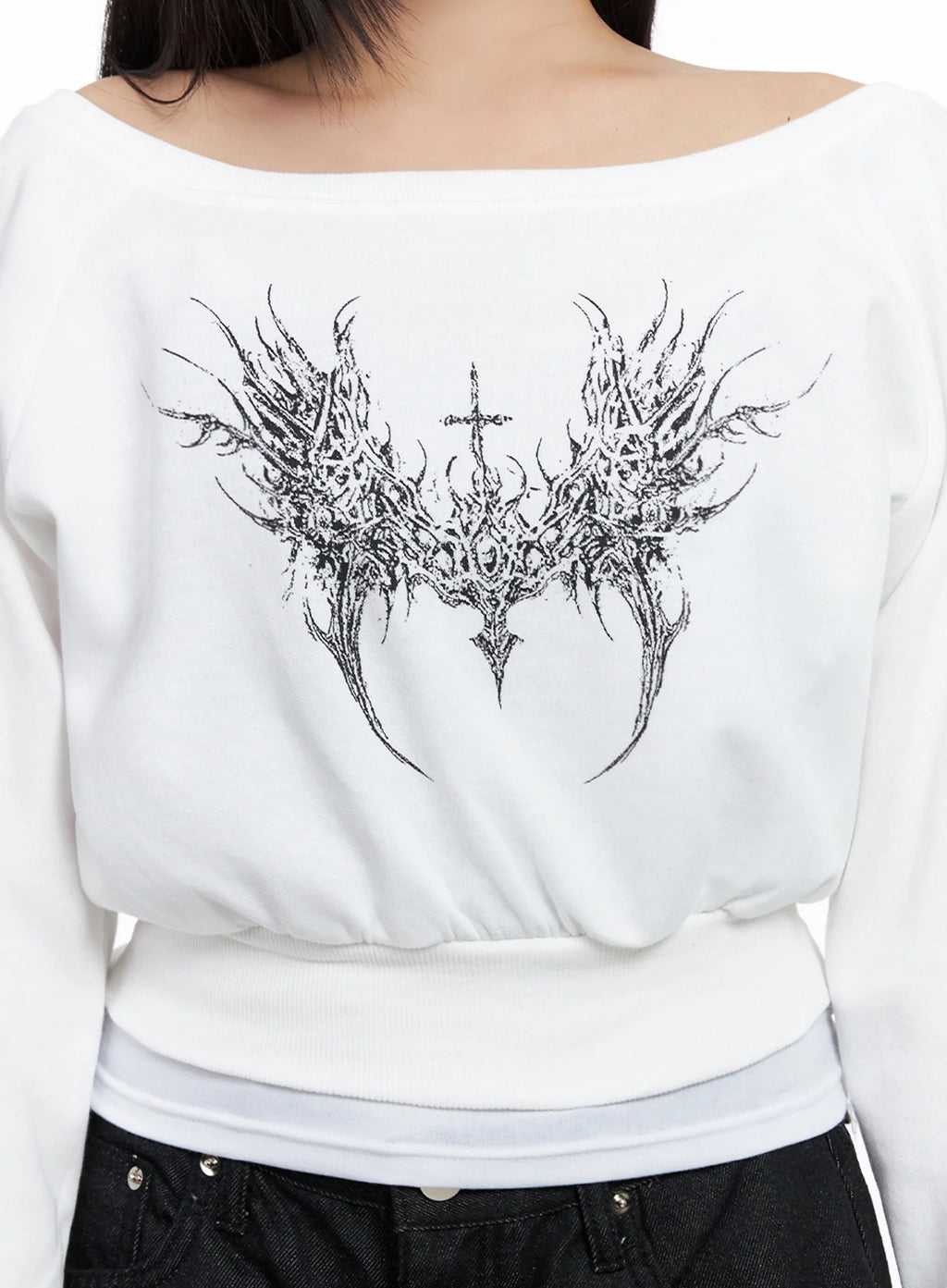 Off-Shoulder Graphic Sweatshirt IS525