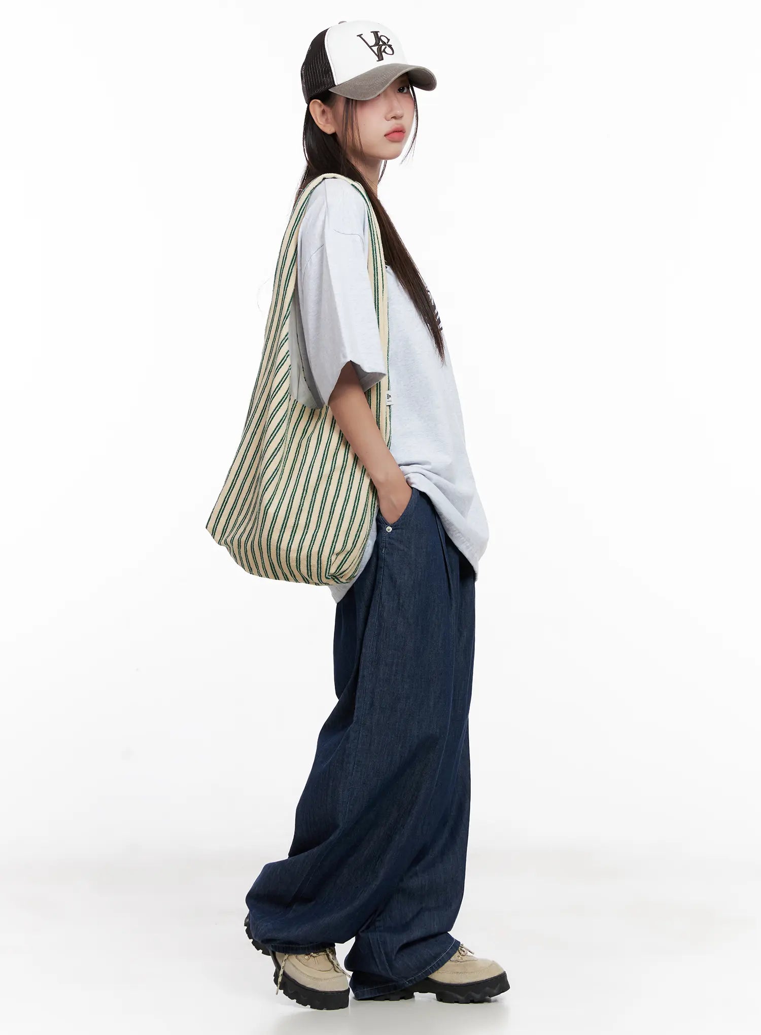 Striped Cotton Shoulder Tote Bag CL522