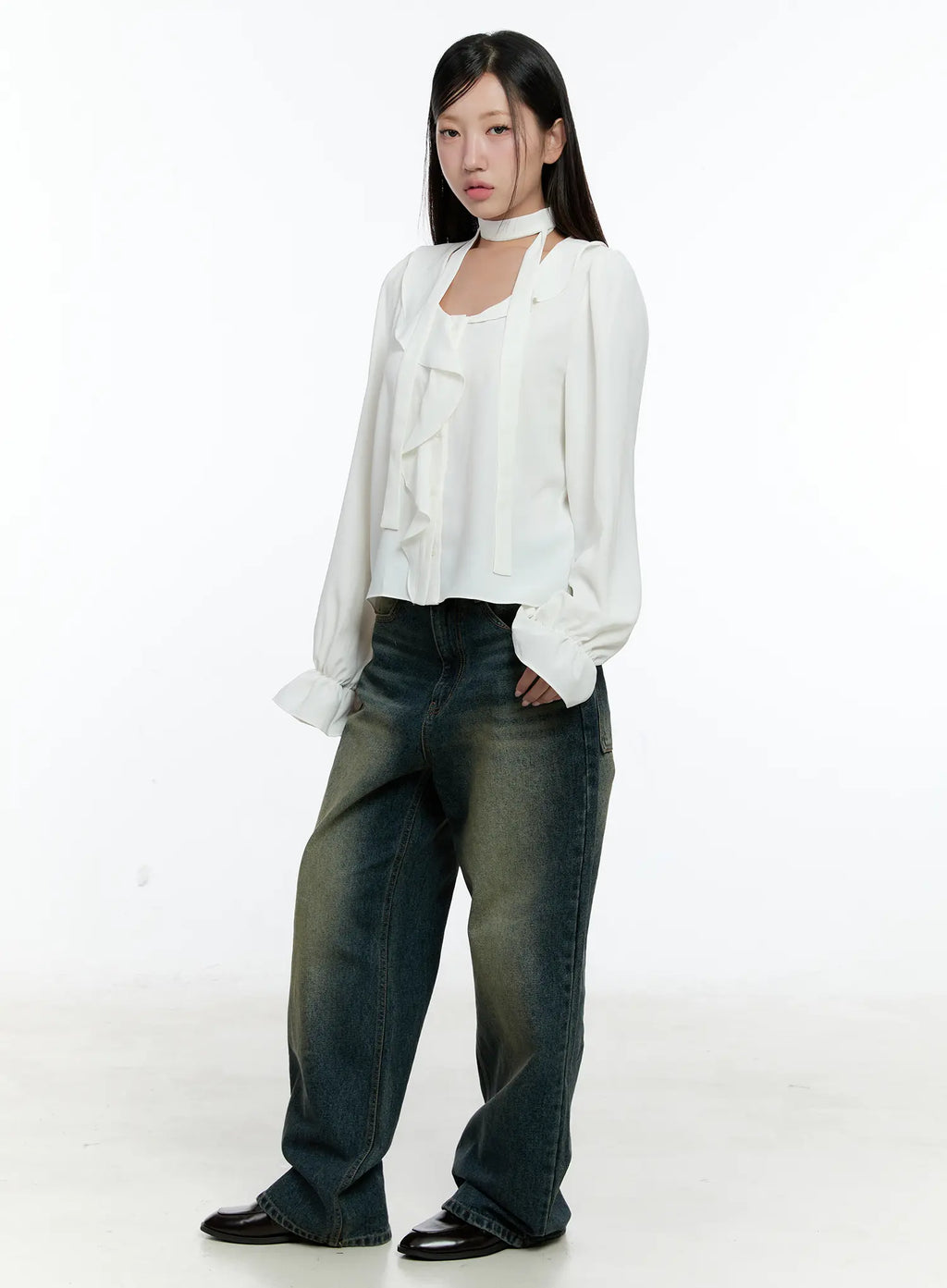 Ruffled Chiffon Blouse with Scarf Set CS518