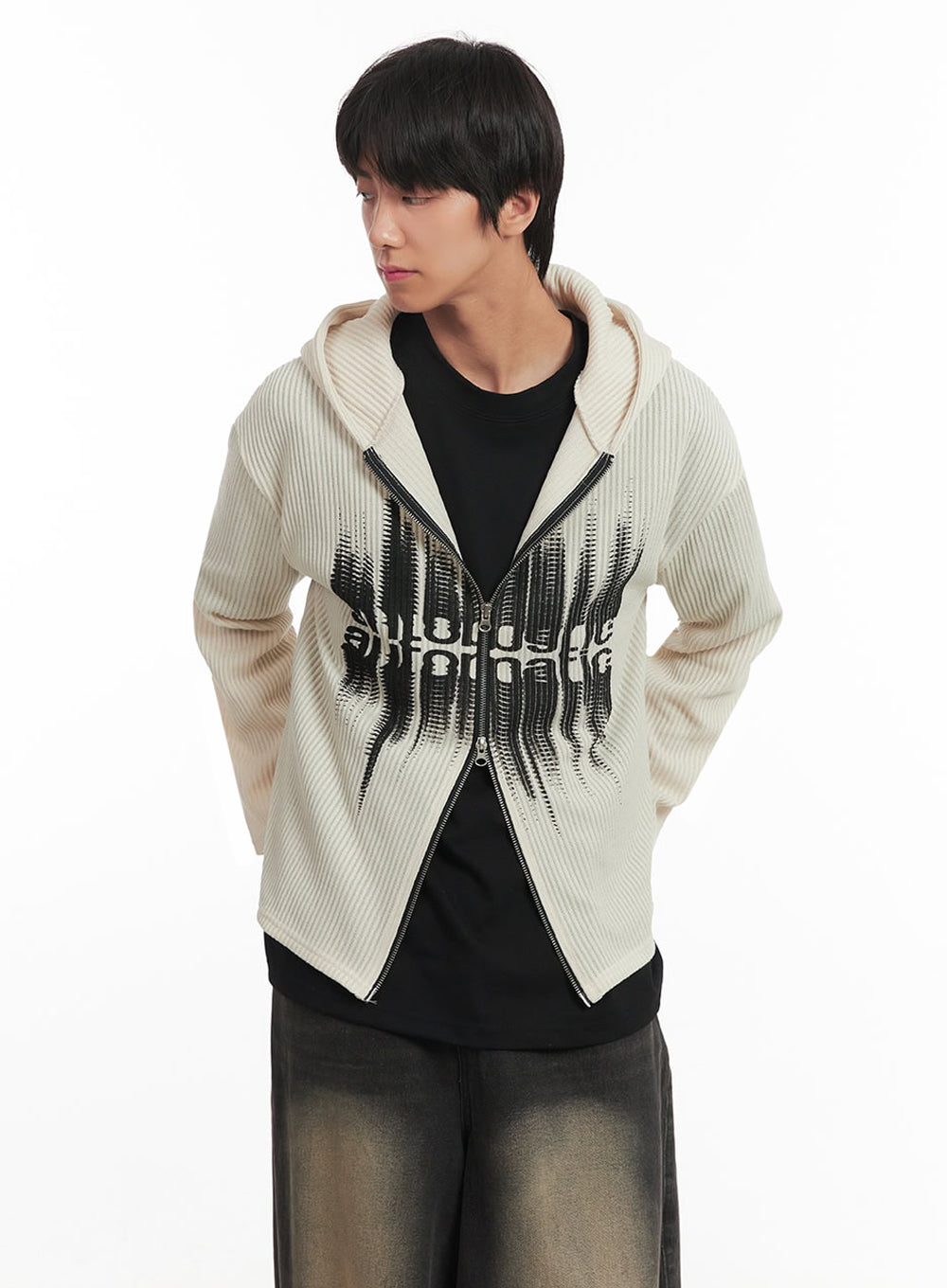 Men's Ribbed Knit Graphic Hooded Jacket IA511