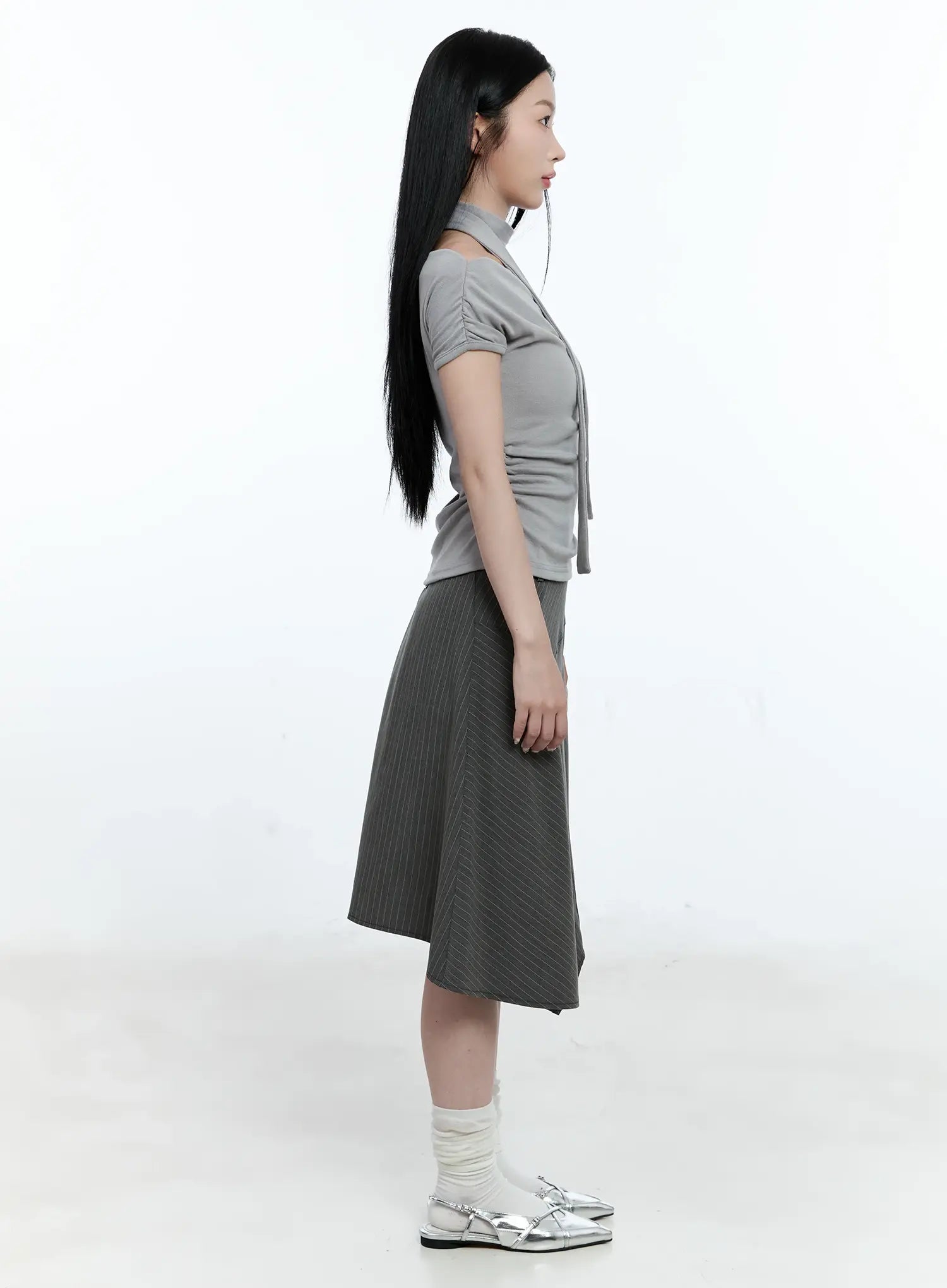 Asymmetric Pinstripe Midi Skirt CG511