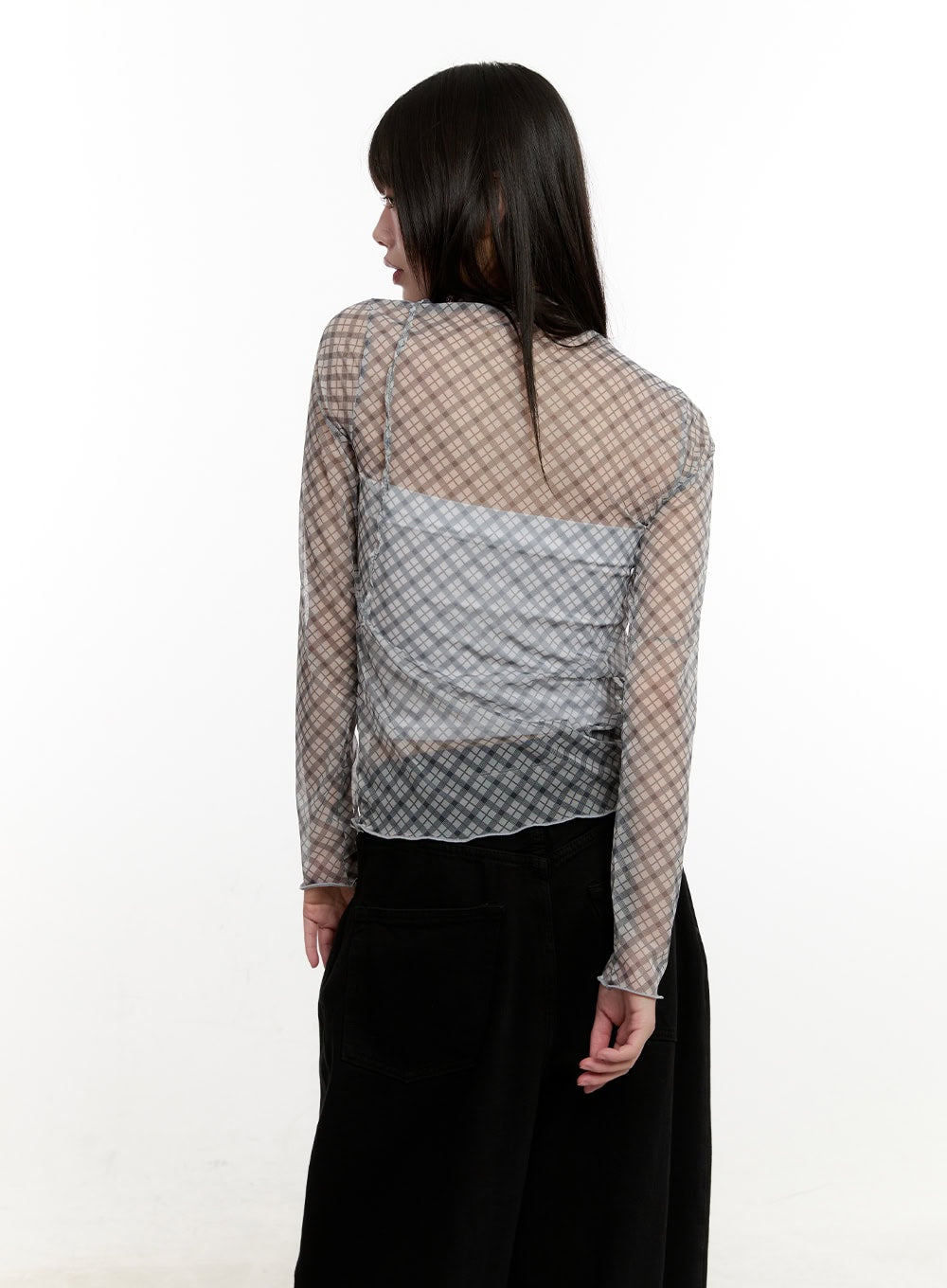 Slim-Fit Plaid Print Sheer Top CM514
