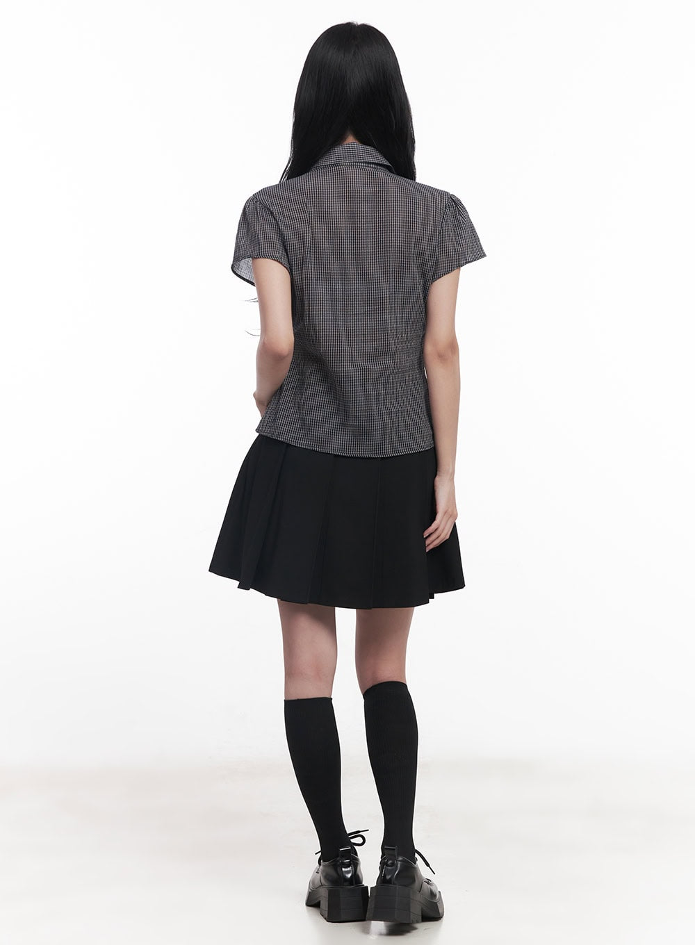 Checkered Puff Button Blouse Top CY526