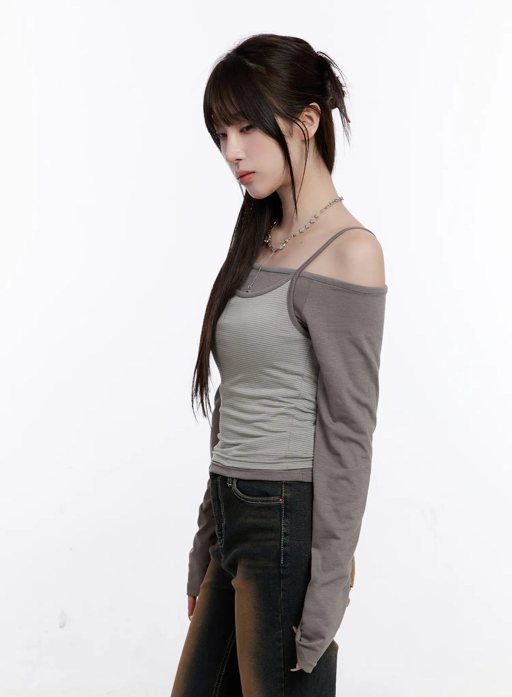 Off-Shoulder Layered Long Sleeve Top CO501