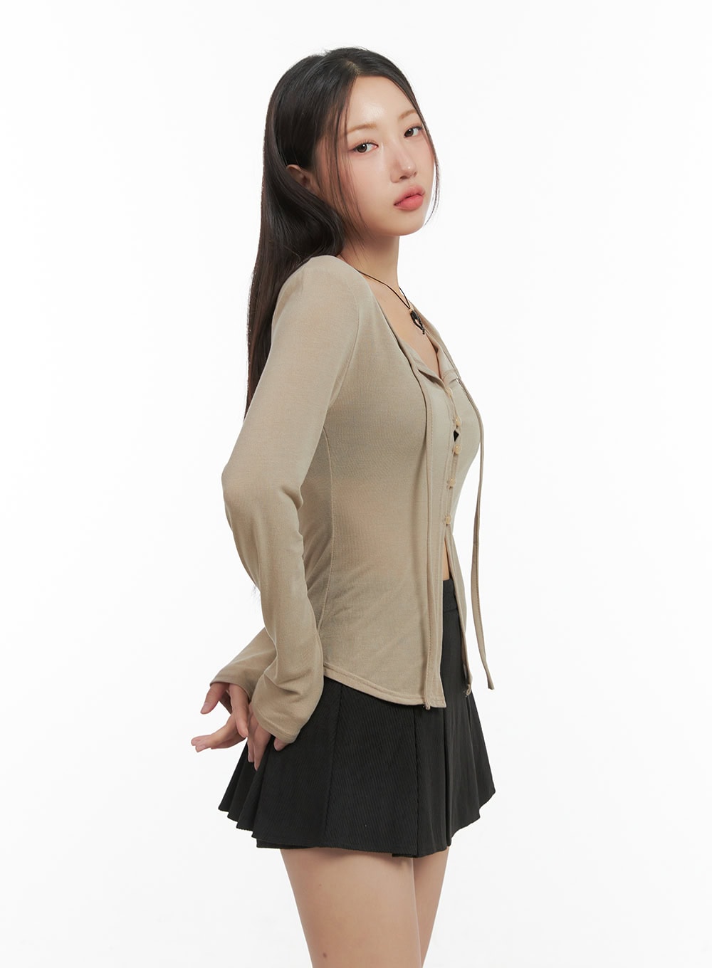 String Detail Long Sleeve Button Top CO417