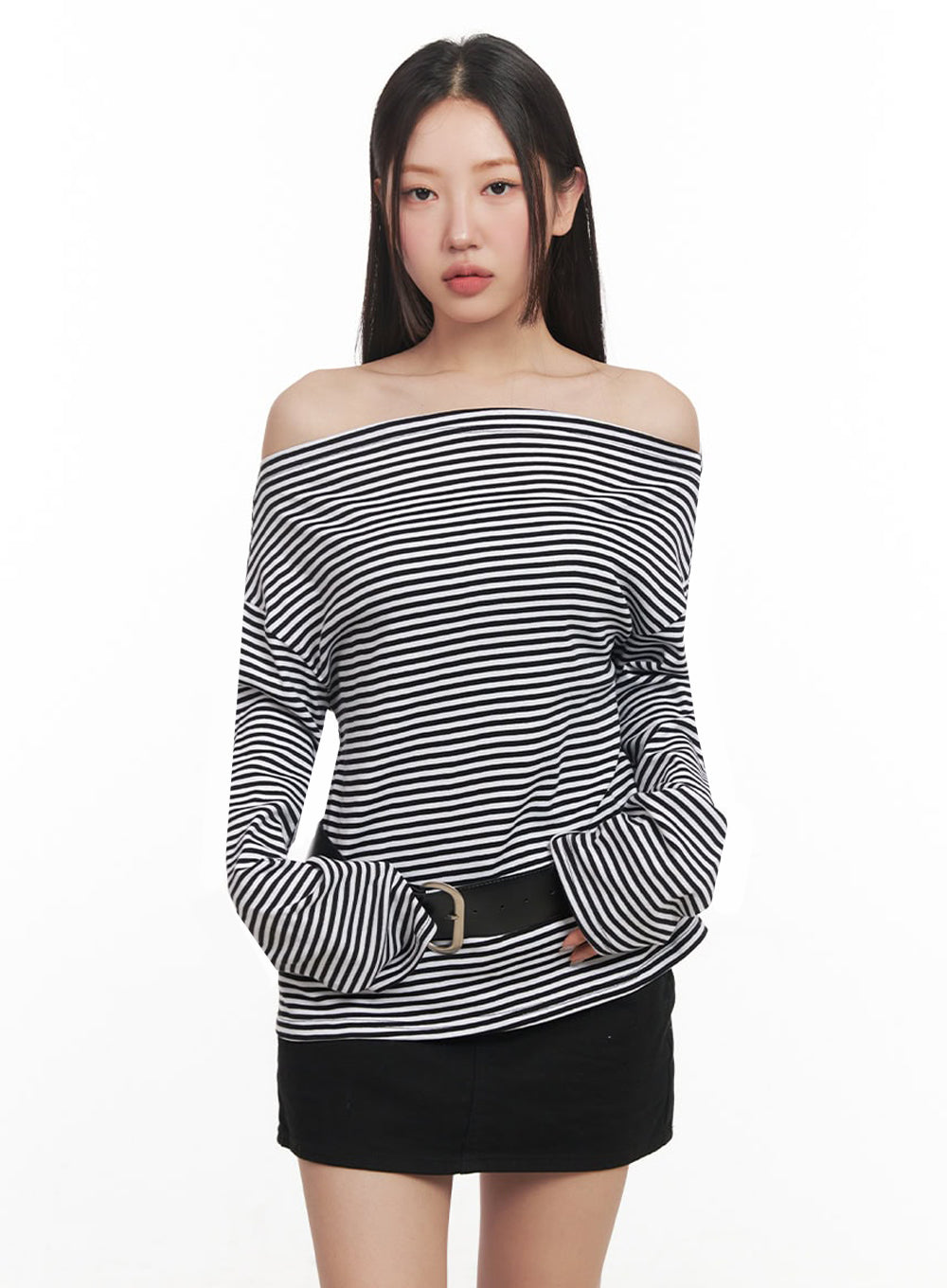 Stripe Long-Sleeve Off-Shoulder Top IM524