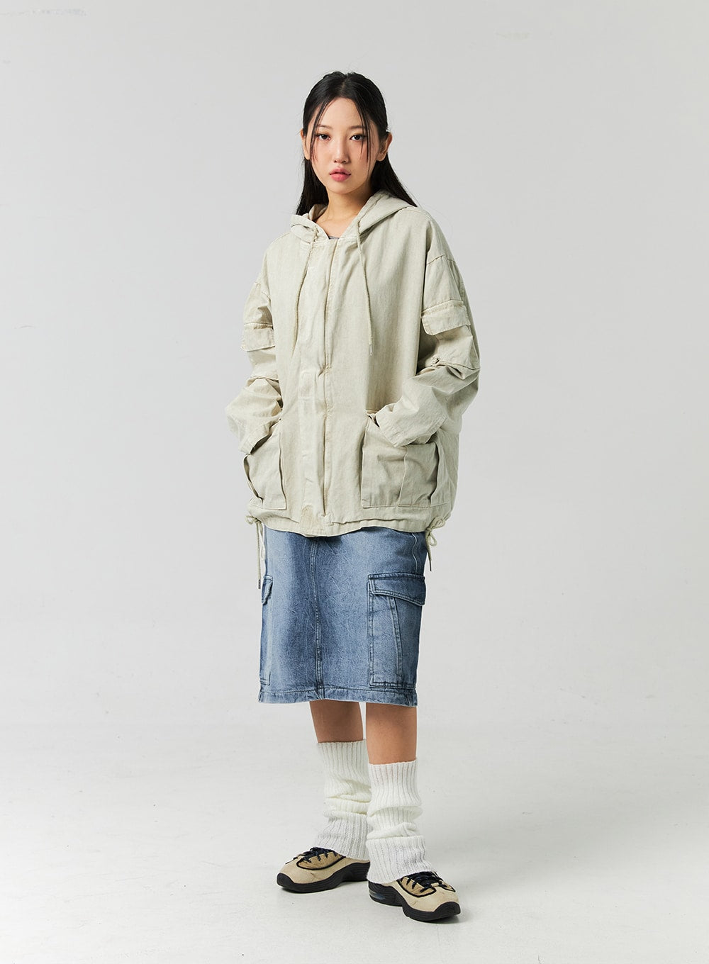 Cargo Washed Denim Midi Skirt CO323