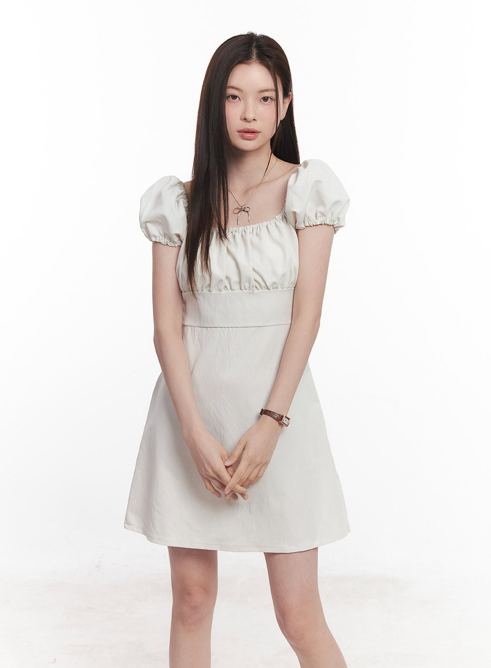 Puff-Sleeve Shirring Mini Dress CY515