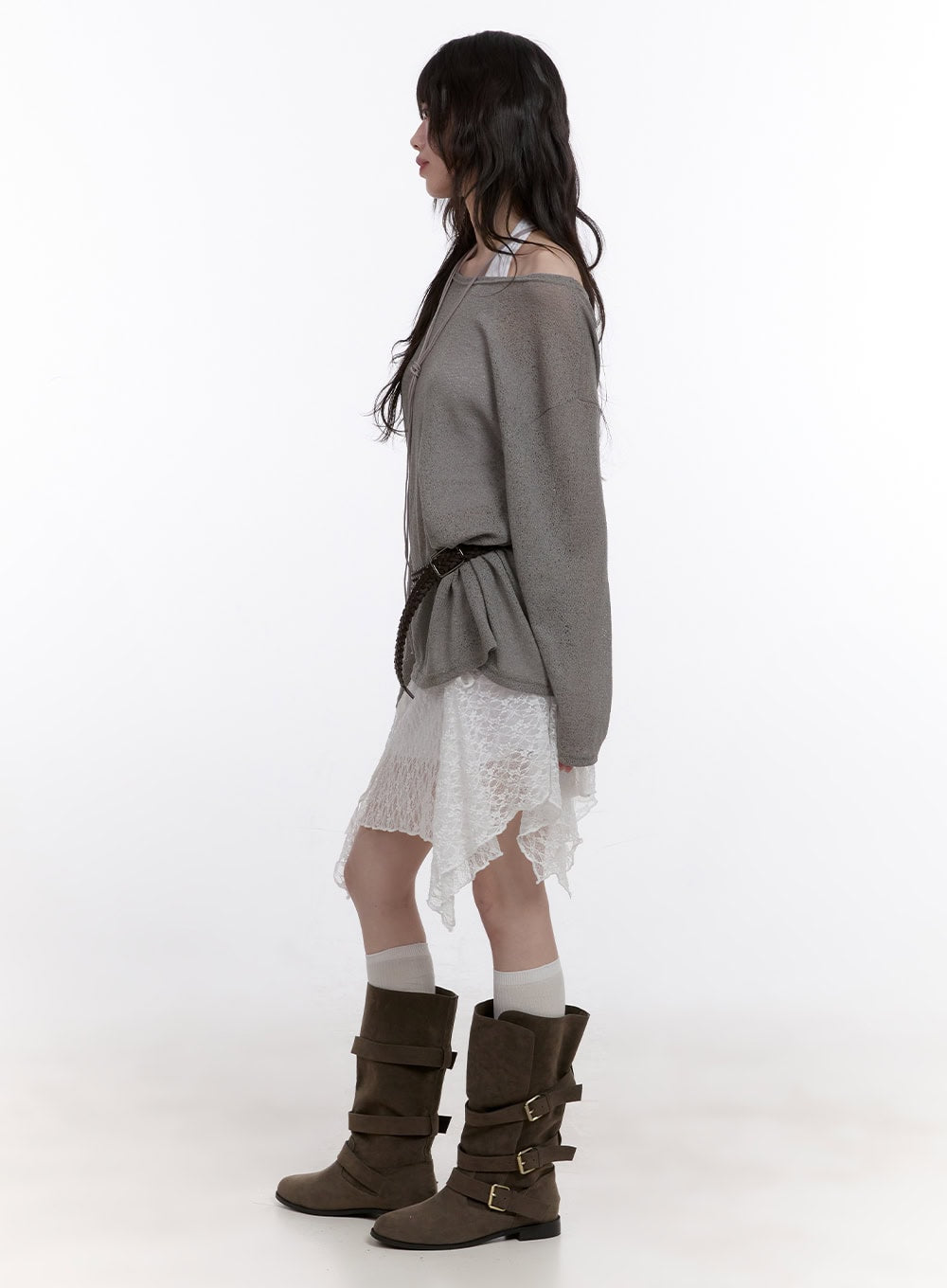 String Sheer Long-Sleeve Mesh Top CF511