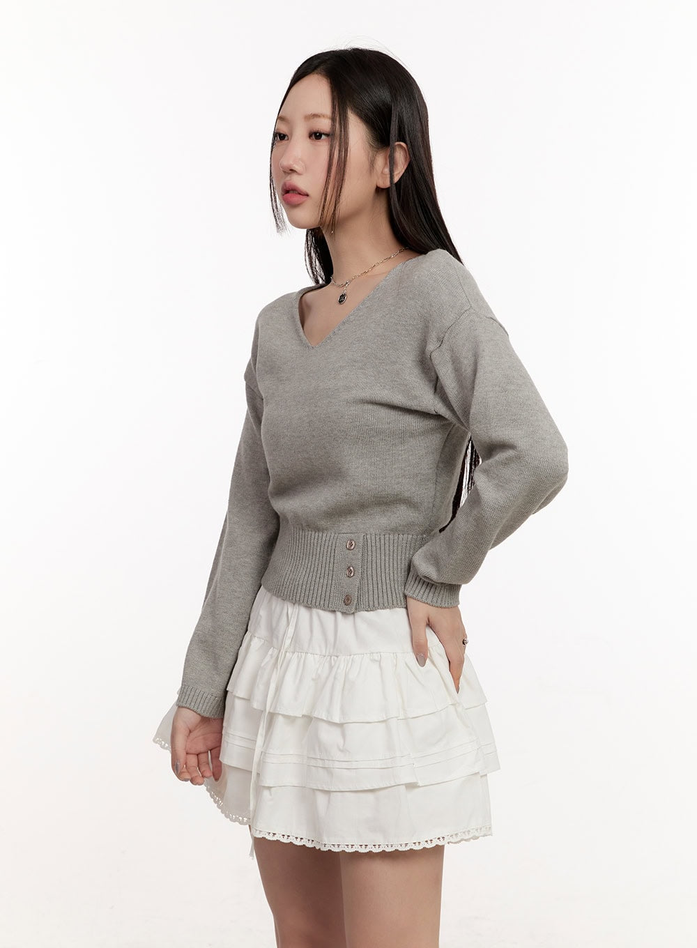 Buttoned V-Neck Crop Sweater CM510