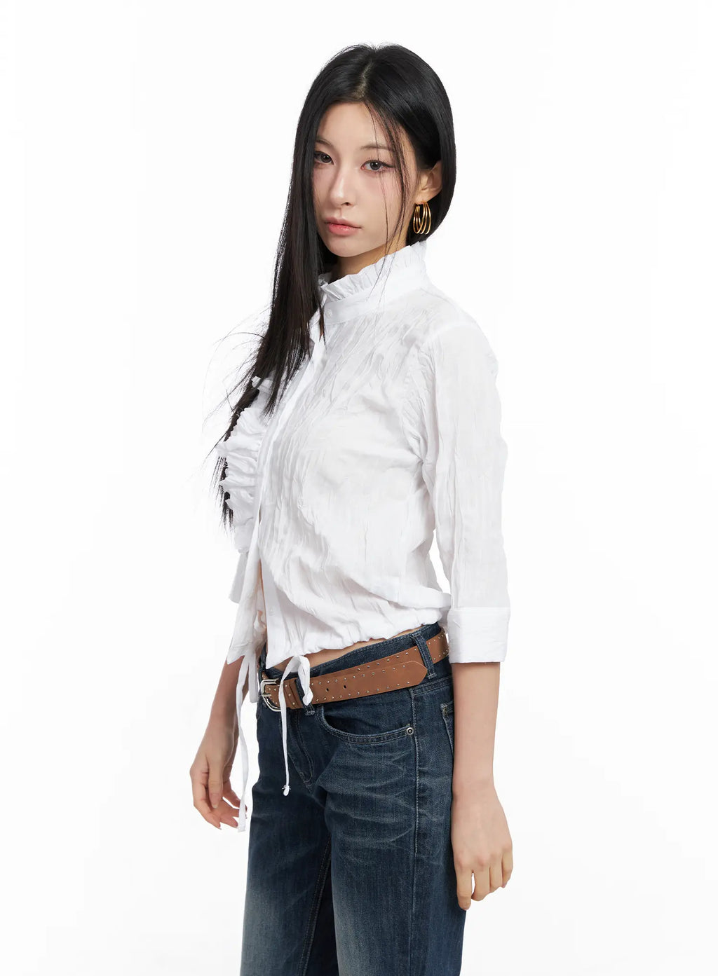 White Crinkled High Collar Top CC1109